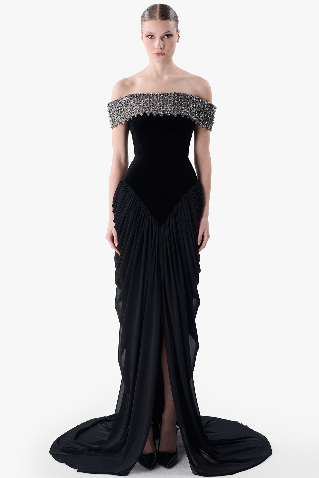Velvet Corset Gown with Draped Skirt
