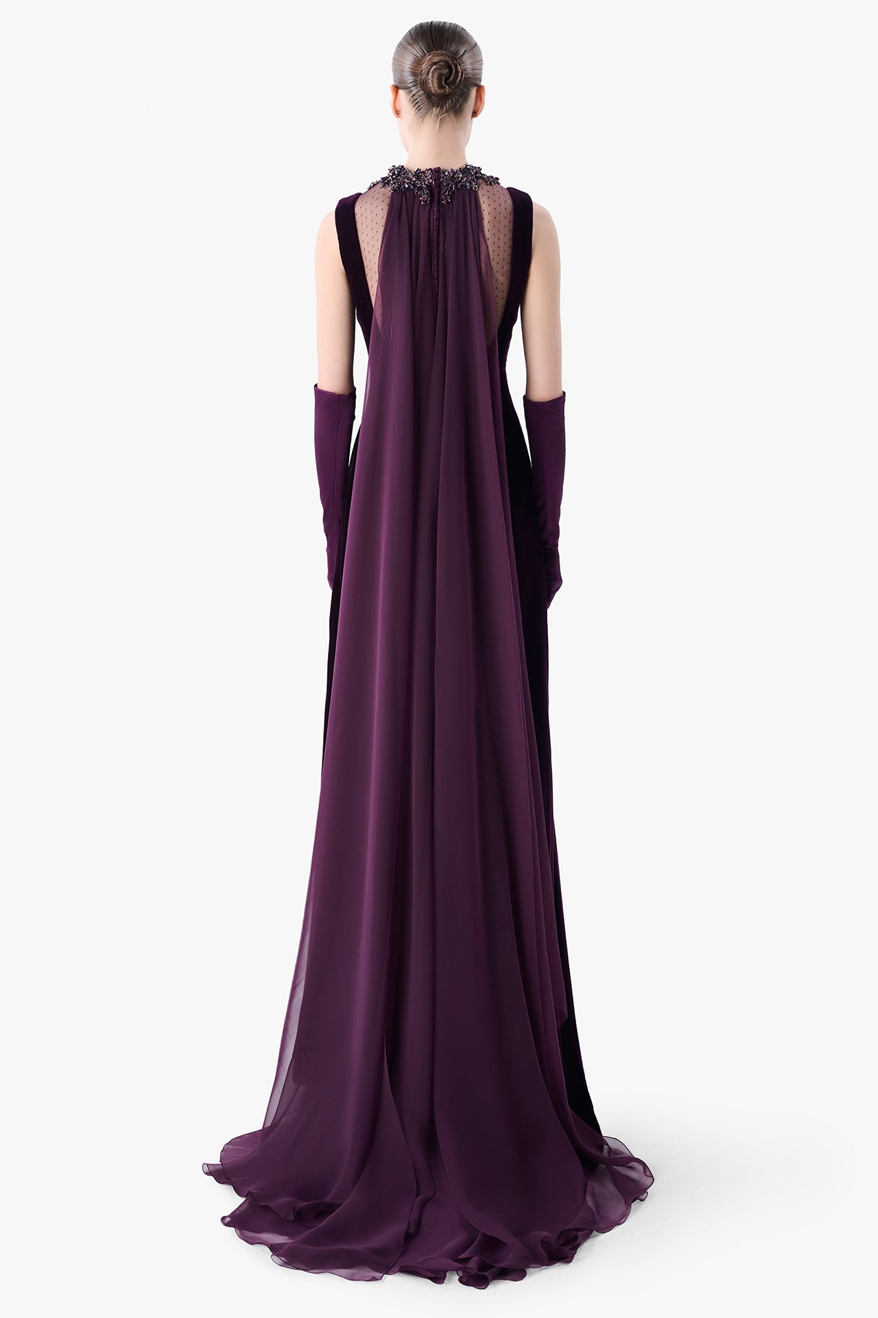 Embroidered Illusion Neck Velvet Gown