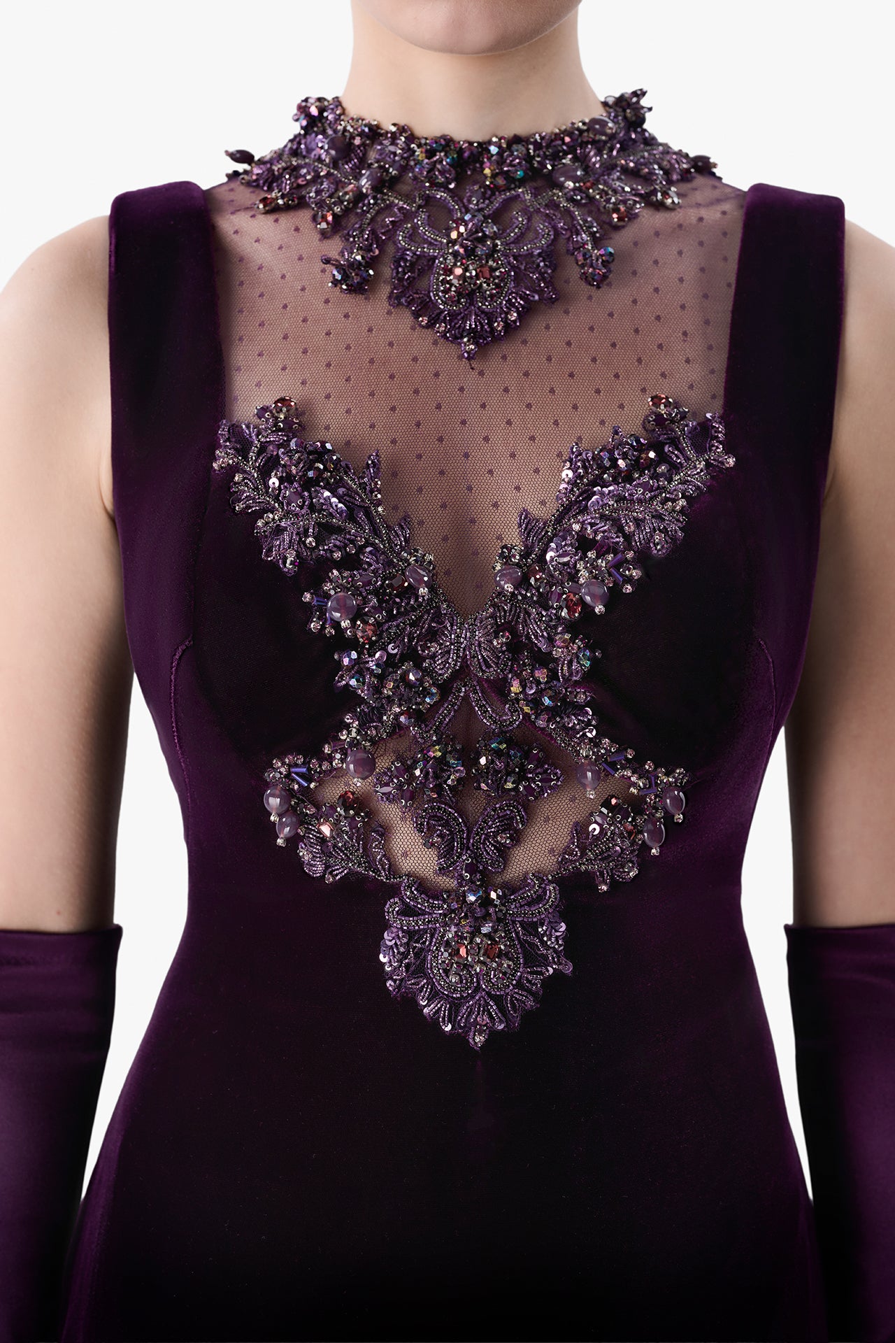 Embroidered Illusion Neck Velvet Gown