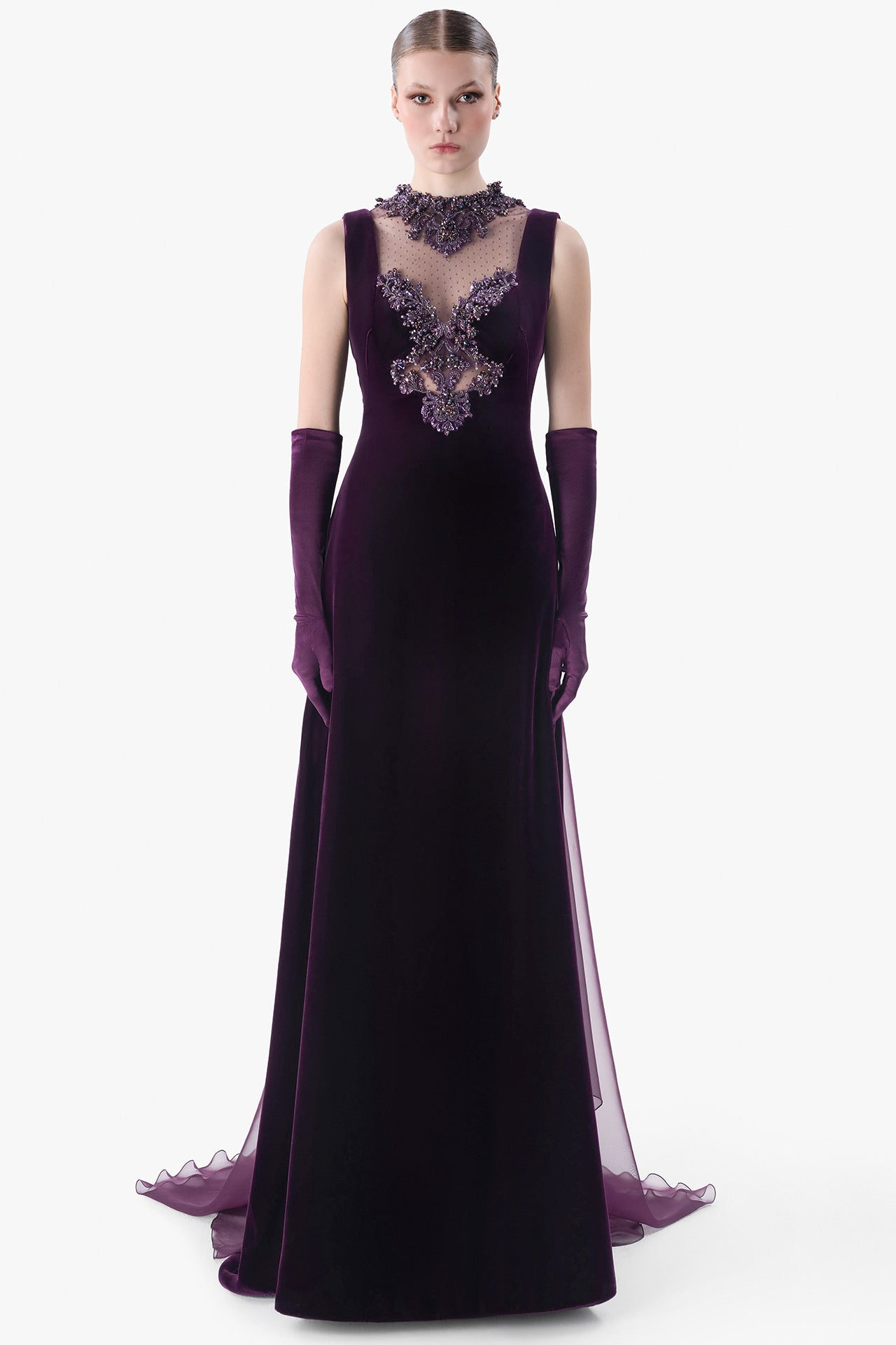 Embroidered Illusion Neck Velvet Gown
