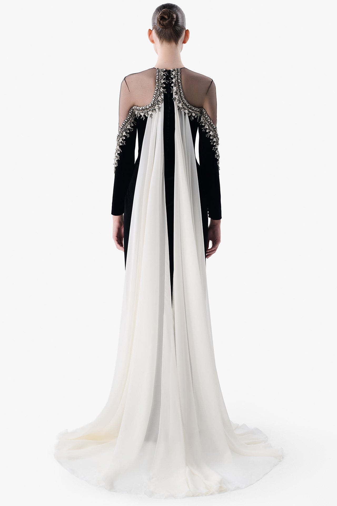 Velvet Gown with Embroidered Tulle Cape
