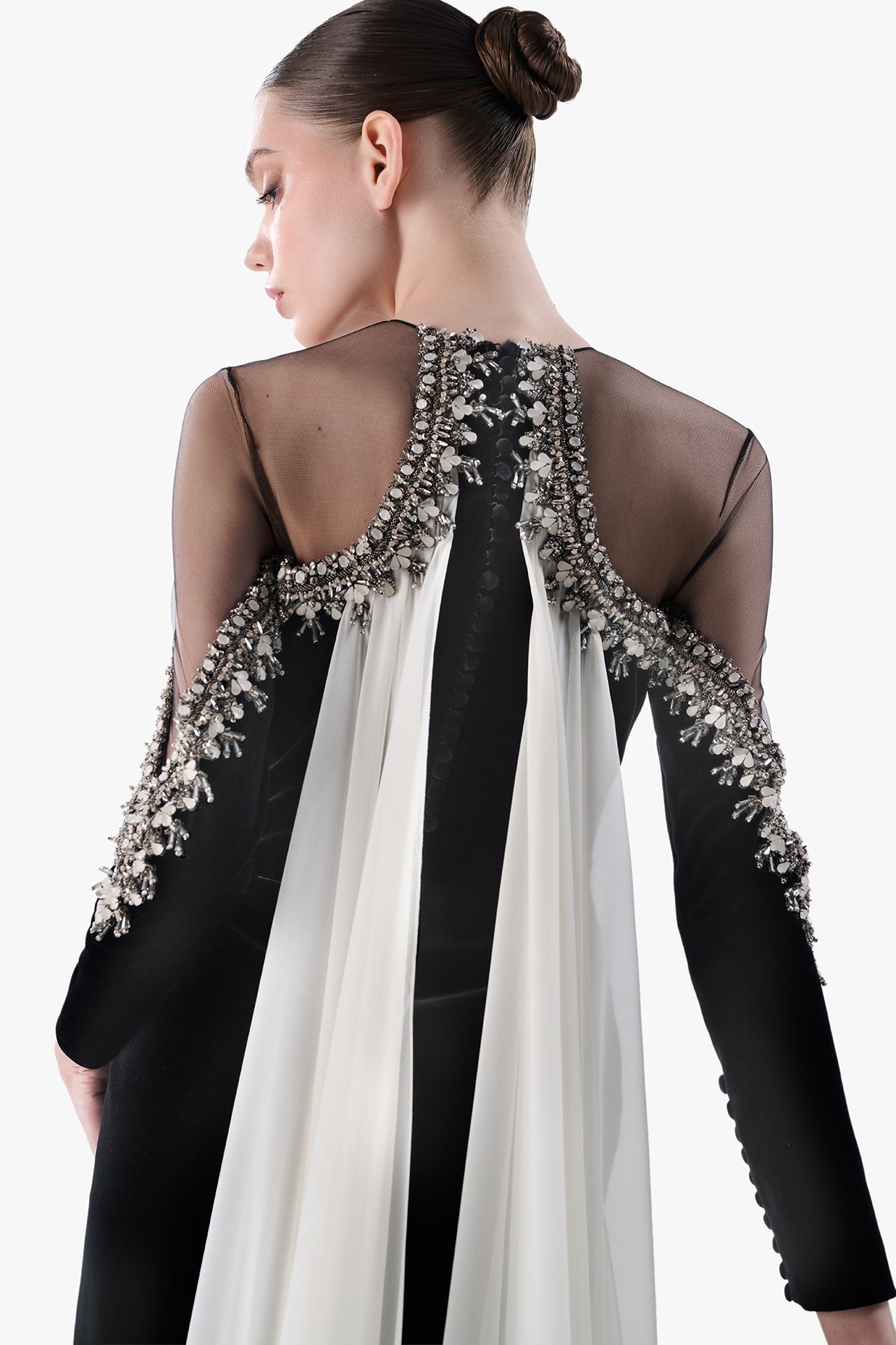 Velvet Gown with Embroidered Tulle Cape