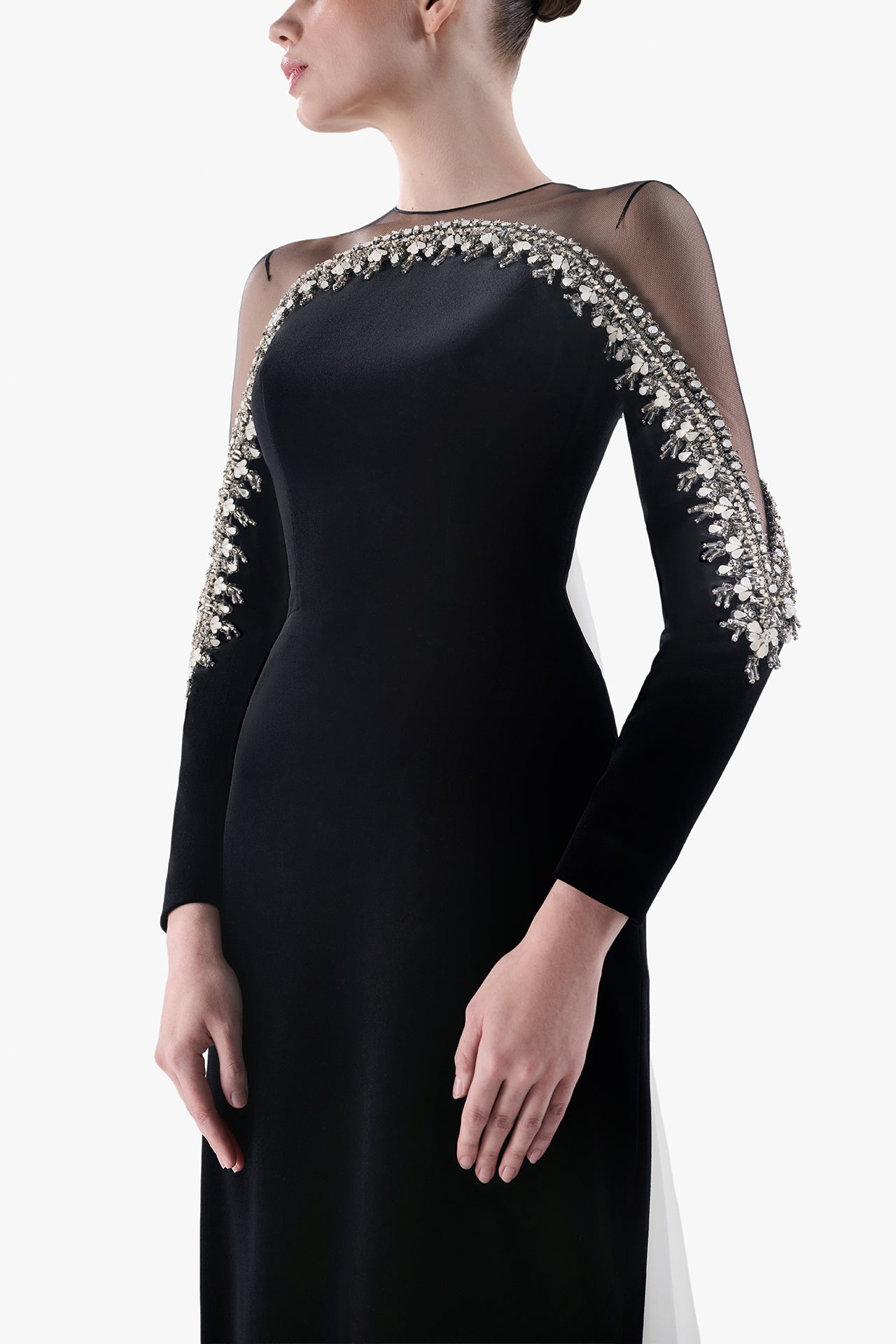 Velvet Gown with Embroidered Tulle Cape
