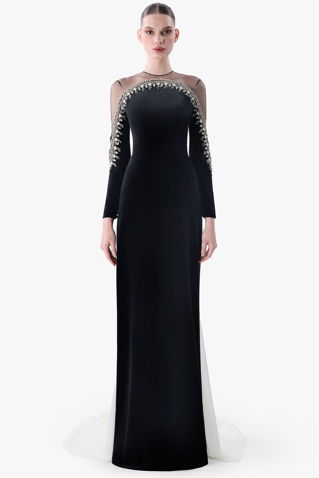 Velvet Gown with Embroidered Tulle Cape