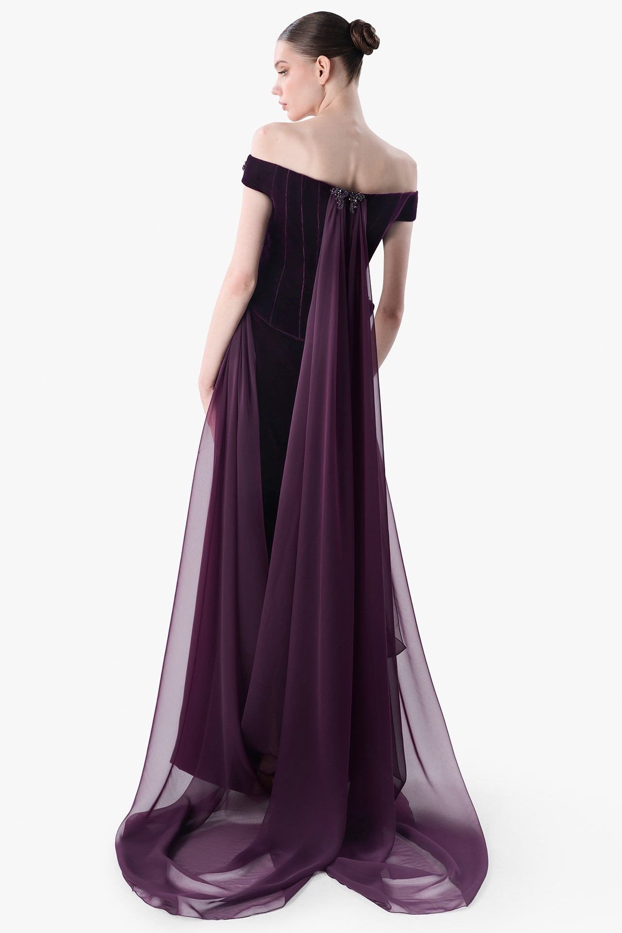 Off-Shoulder Embroidered Velvet Gown