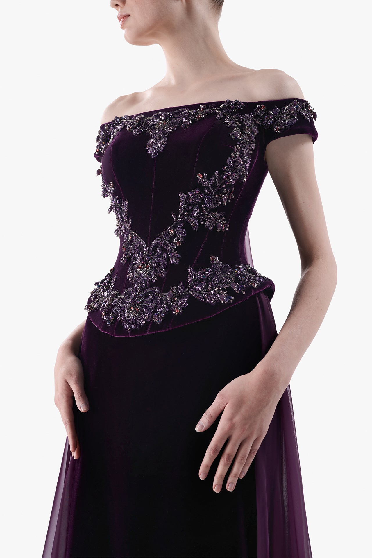 Off-Shoulder Embroidered Velvet Gown