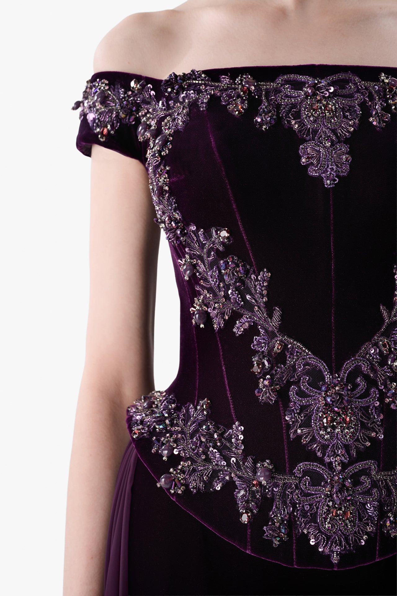 Off-Shoulder Embroidered Velvet Gown