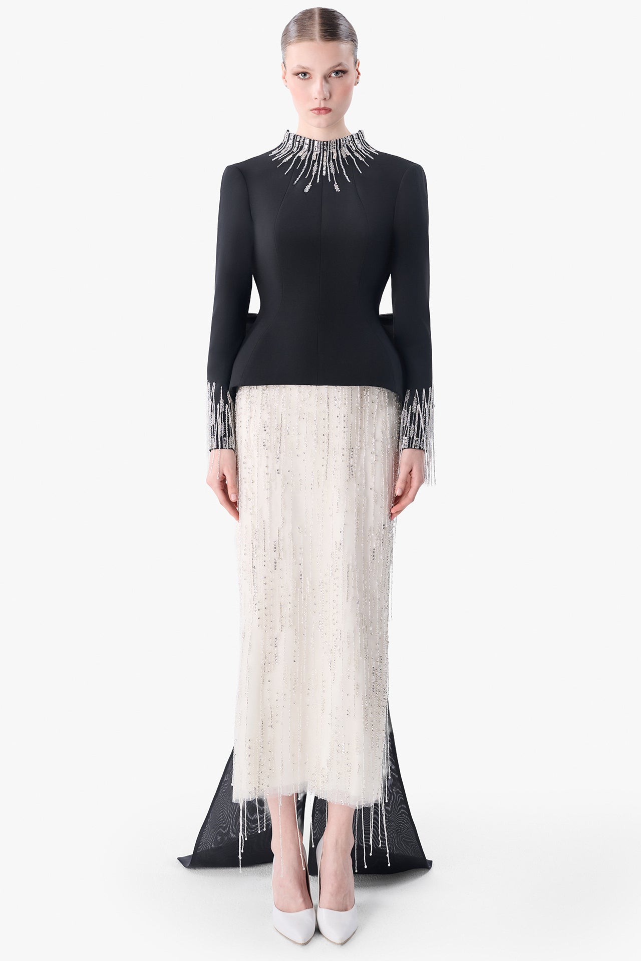 Structured Crepe Jacket with Embroidered Skirt