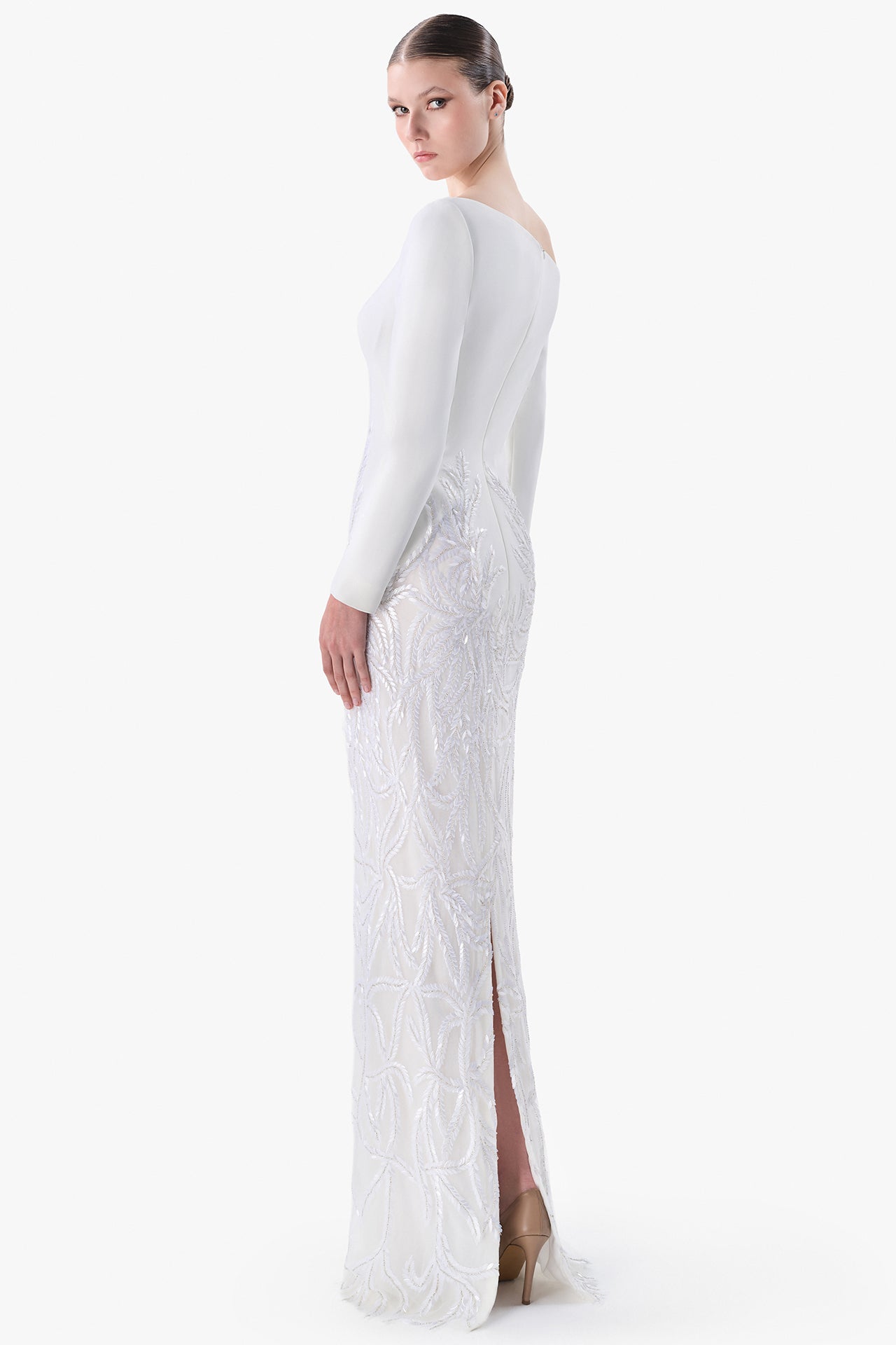 Asymmetric Crepe Gown with Embroidered Skirt