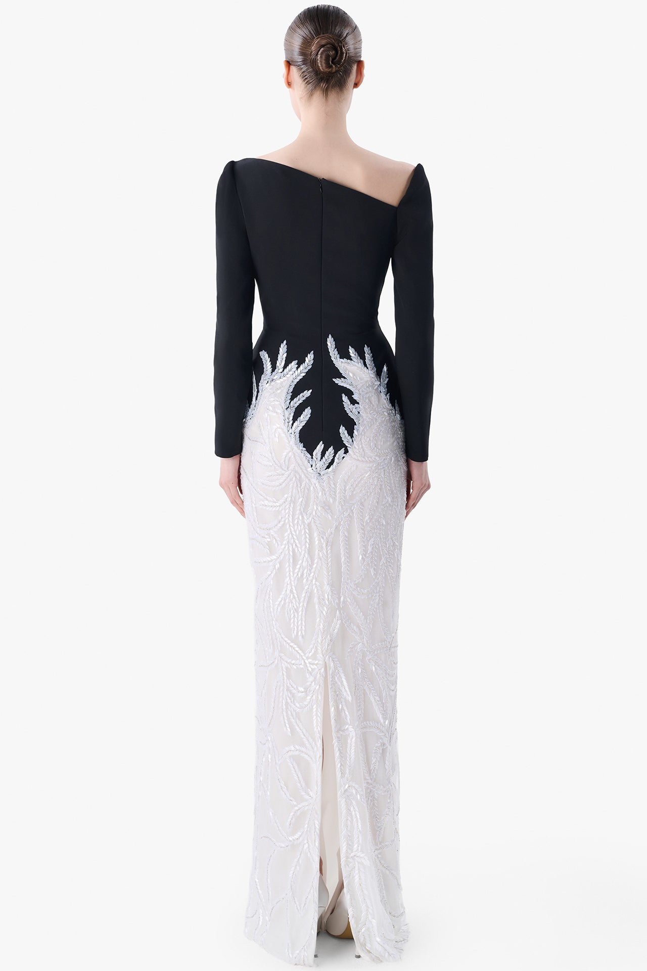 Asymmetric Crepe Top with Embroidered Skirt