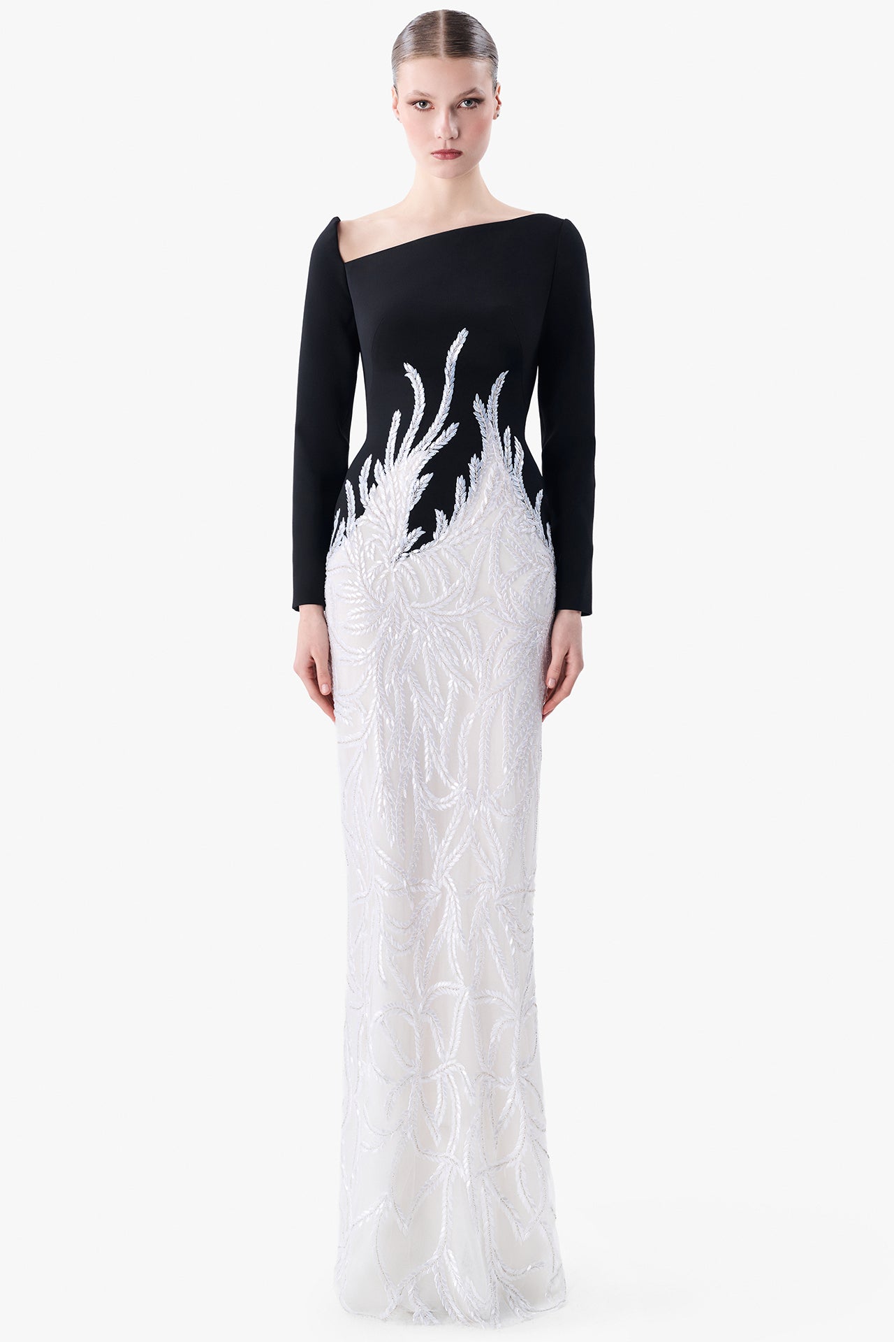 Asymmetric Crepe Top with Embroidered Skirt