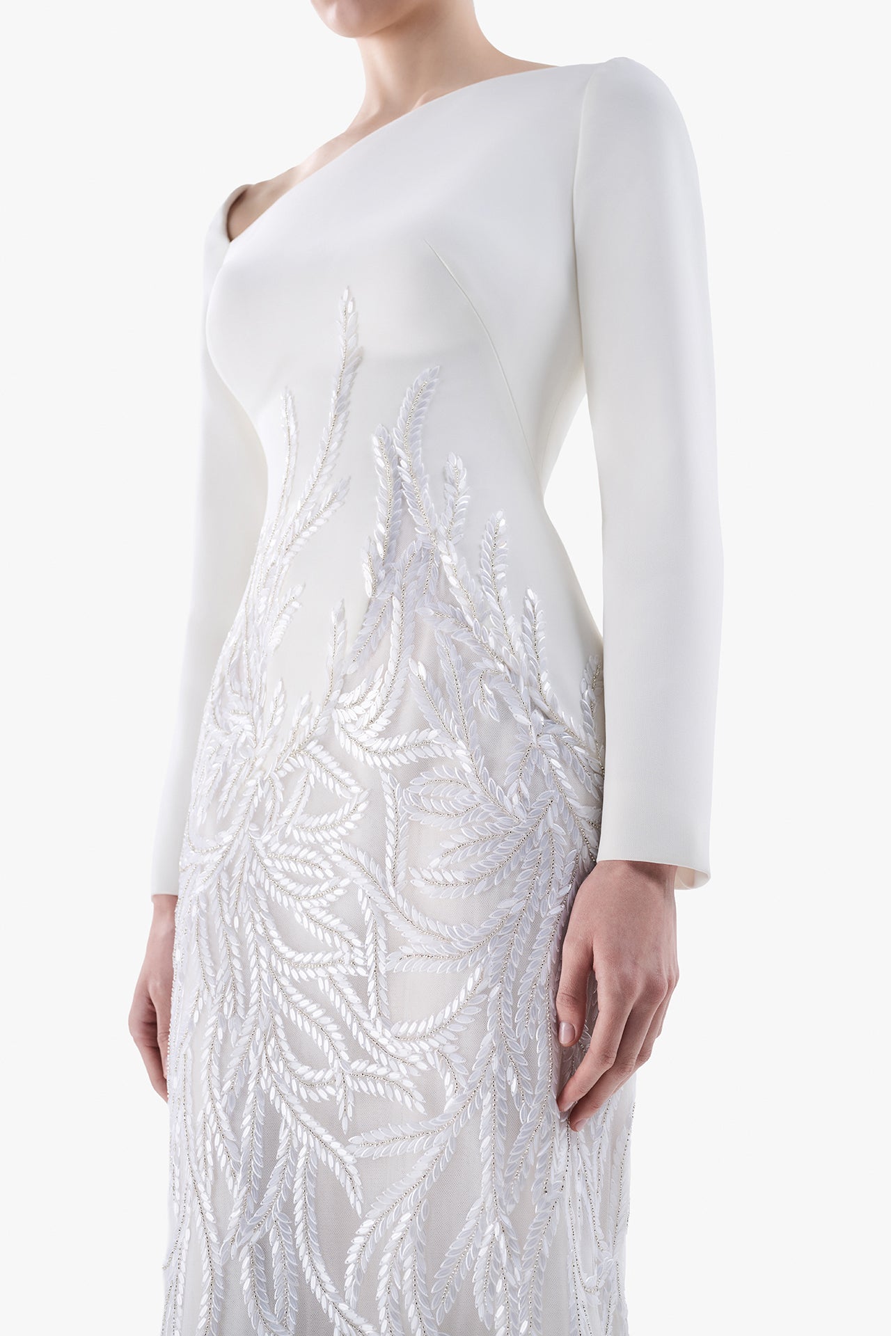Asymmetric Crepe Gown with Embroidered Skirt