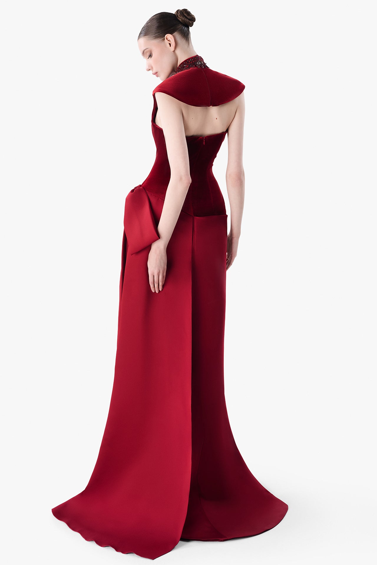 High-Neck Velvet Gown with Draped Hip Detail