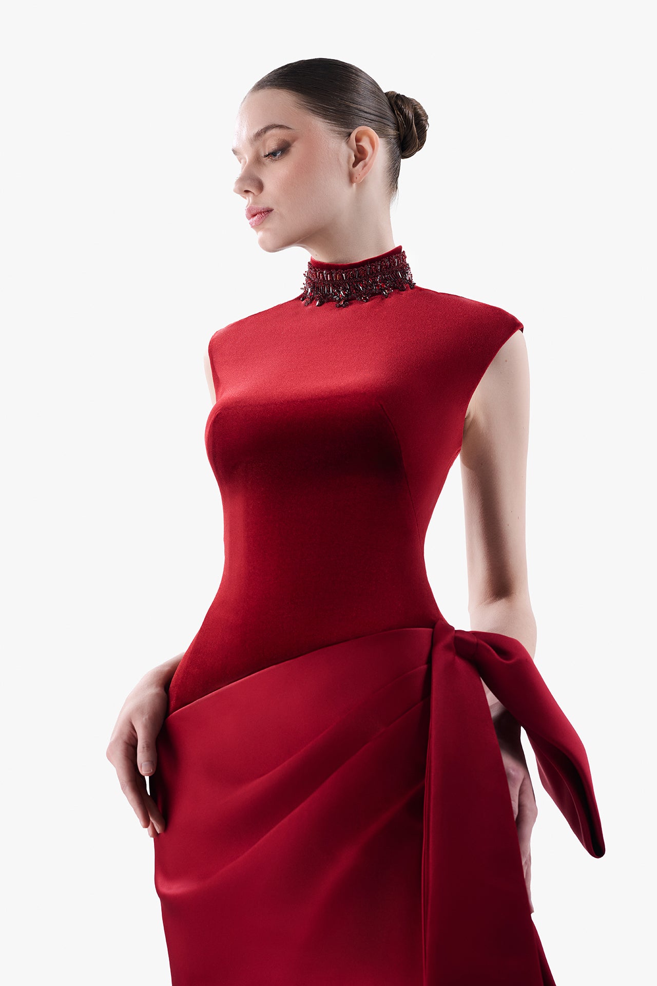 High-Neck Velvet Gown with Draped Hip Detail