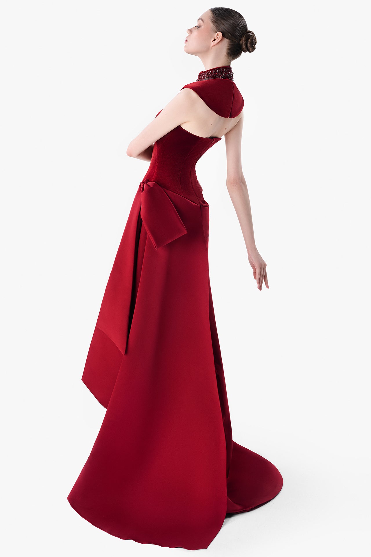 High-Neck Velvet Gown with Draped Hip Detail