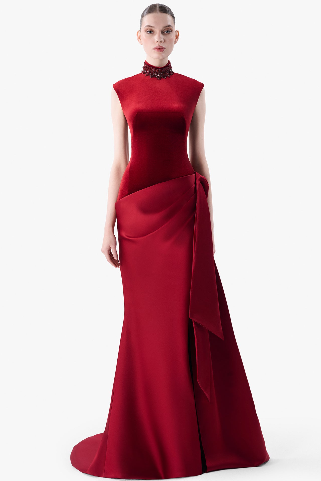 High-Neck Velvet Gown with Draped Hip Detail