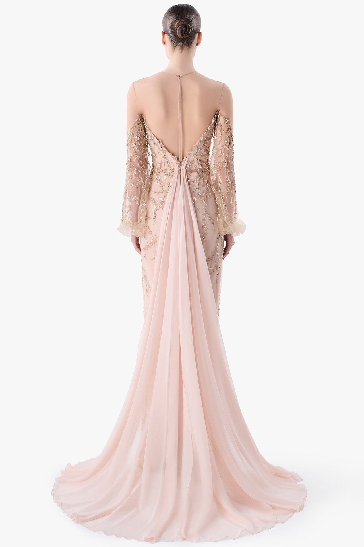 Embroidered Gown with Draped Back Cape