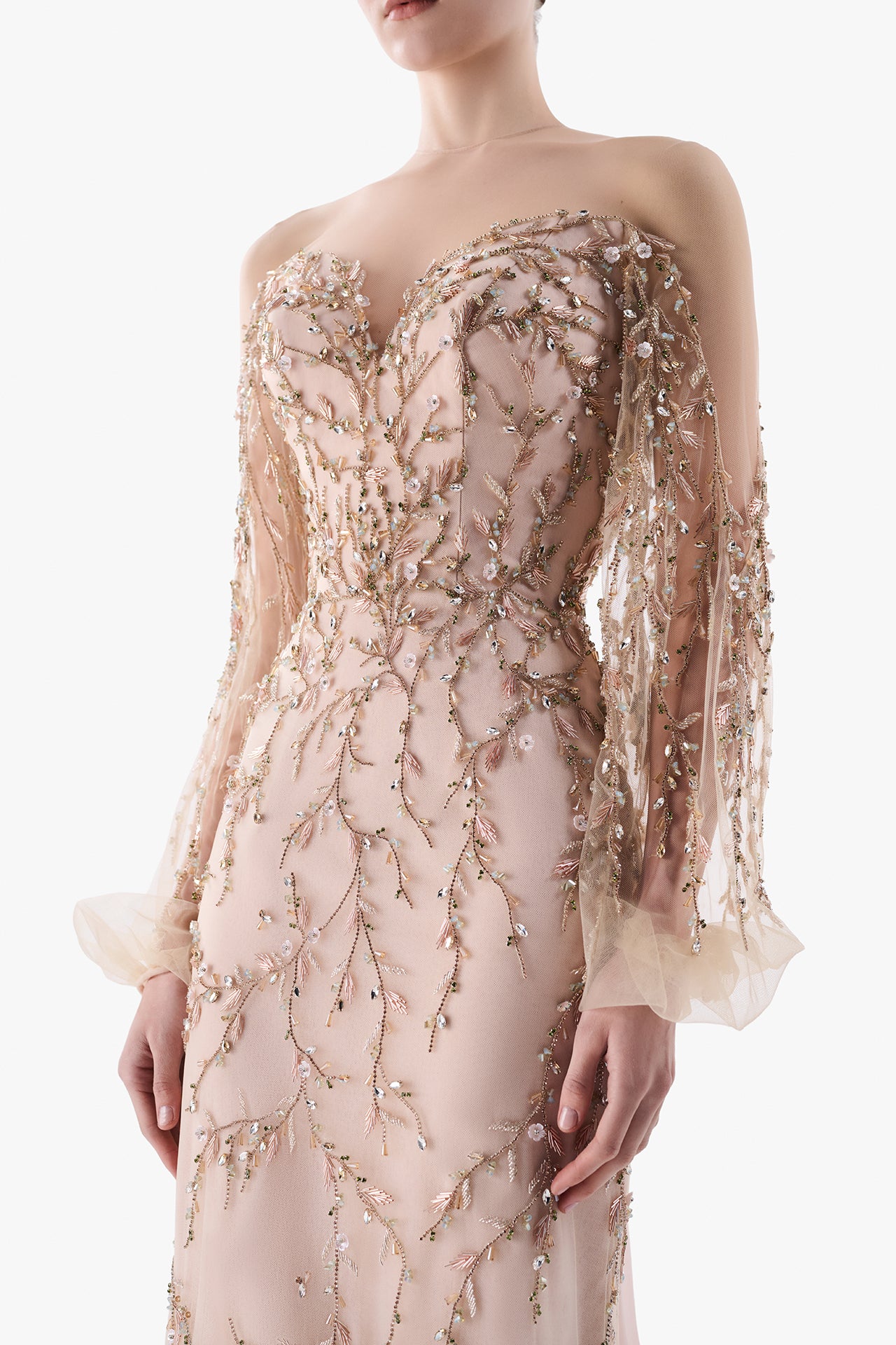 Embroidered Gown with Draped Back Cape