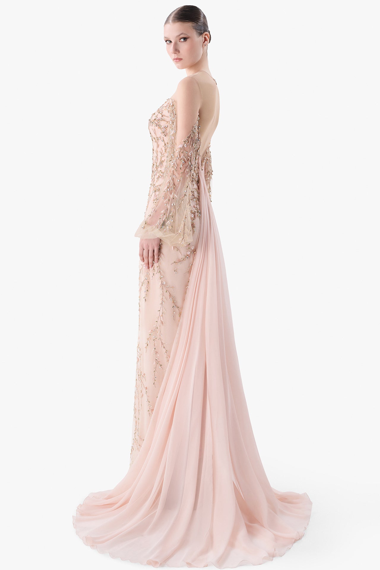 Embroidered Gown with Draped Back Cape