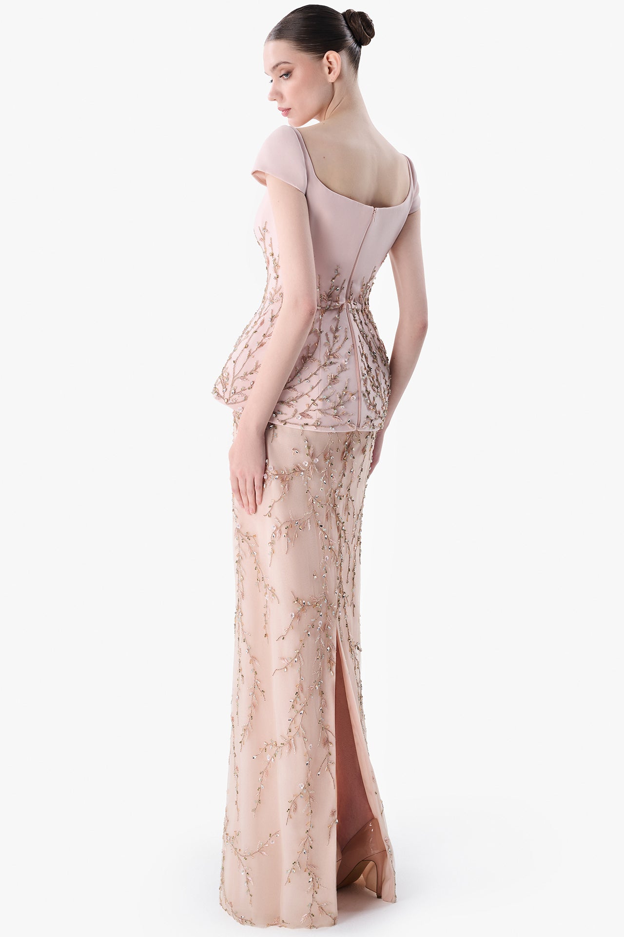 Embroidered Peplum Gown with Square Neckline
