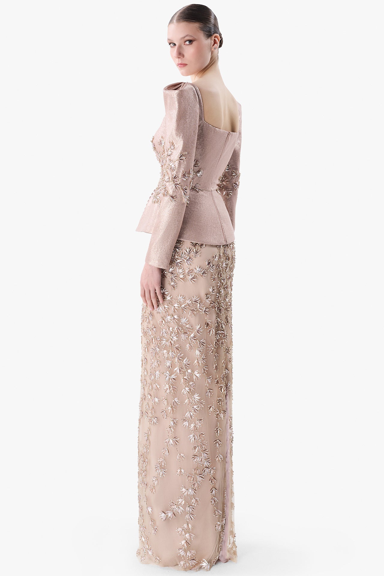 Structured Peplum Gown with Embroidered Skirt
