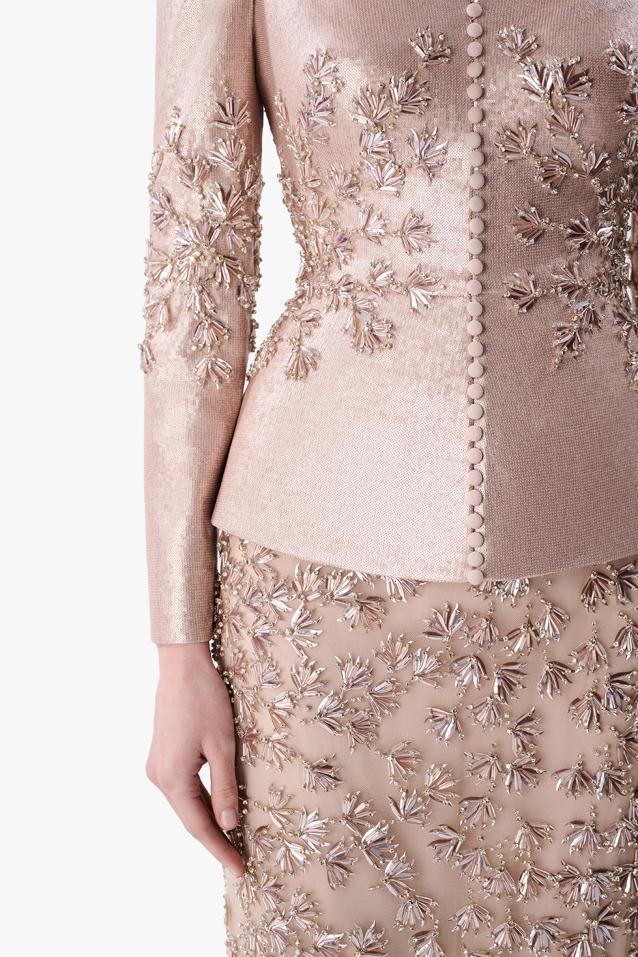 Structured Peplum Gown with Embroidered Skirt