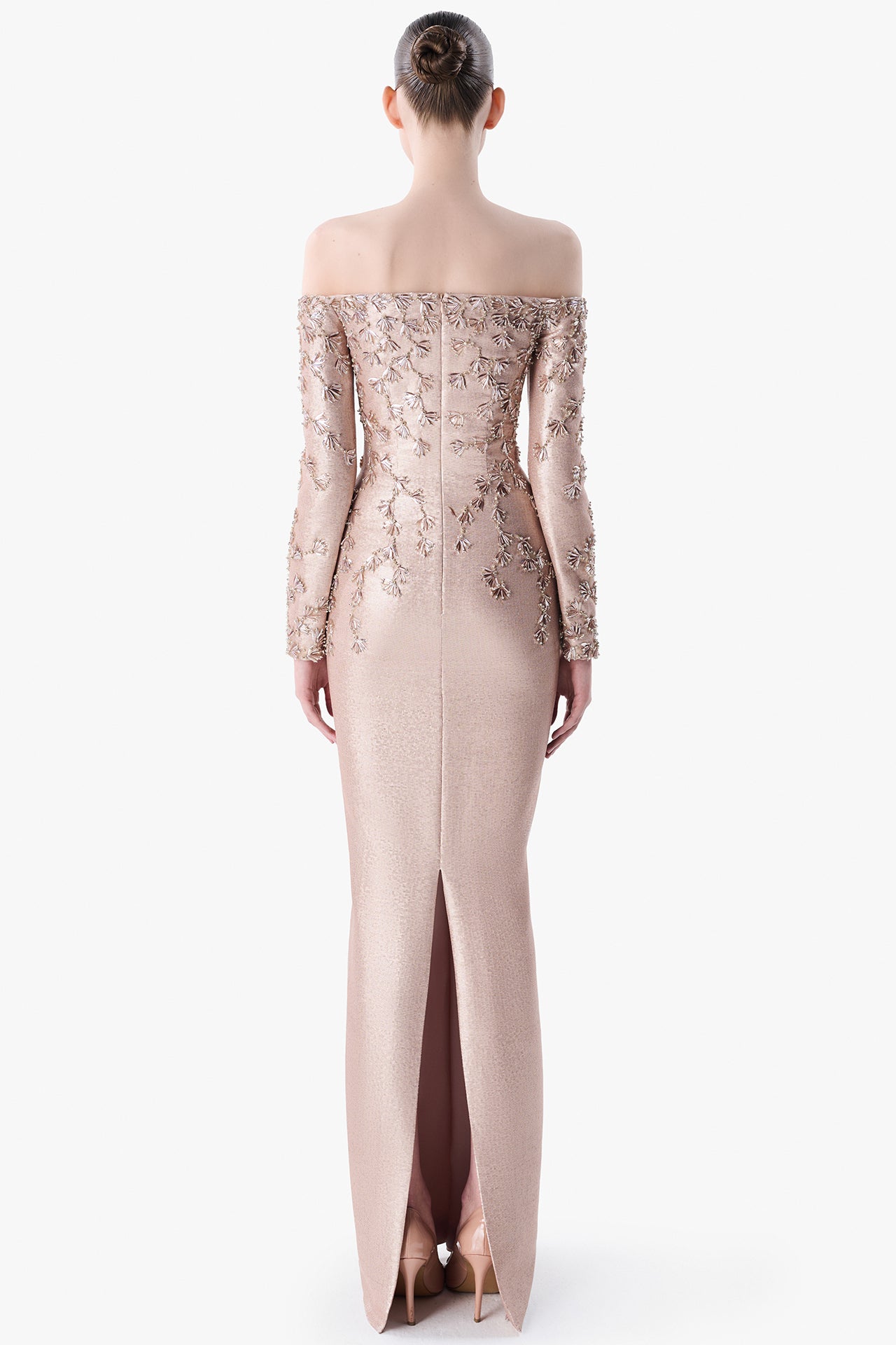 Off-Shoulder Embroidered Sequin Gown