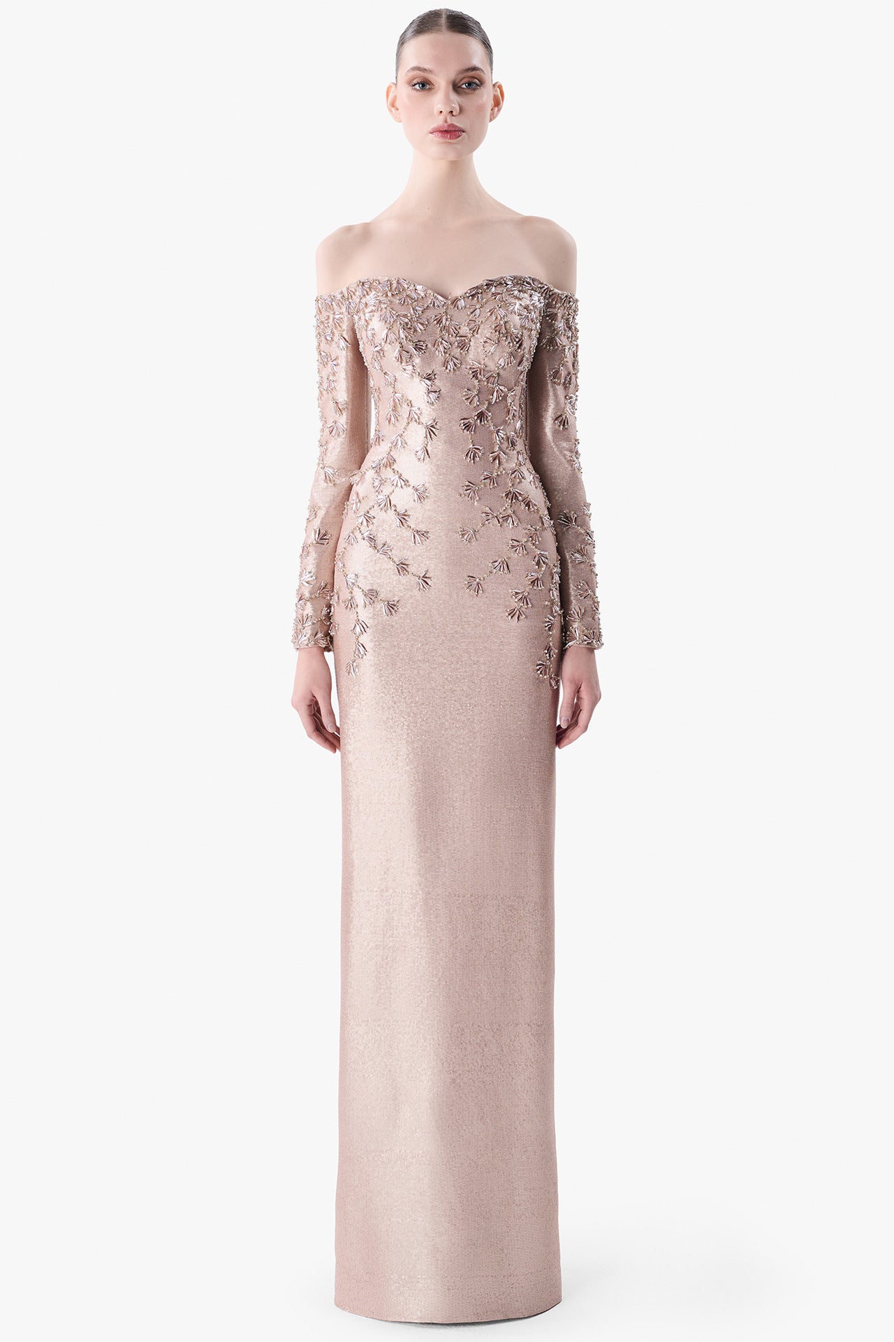 Off-Shoulder Embroidered Sequin Gown