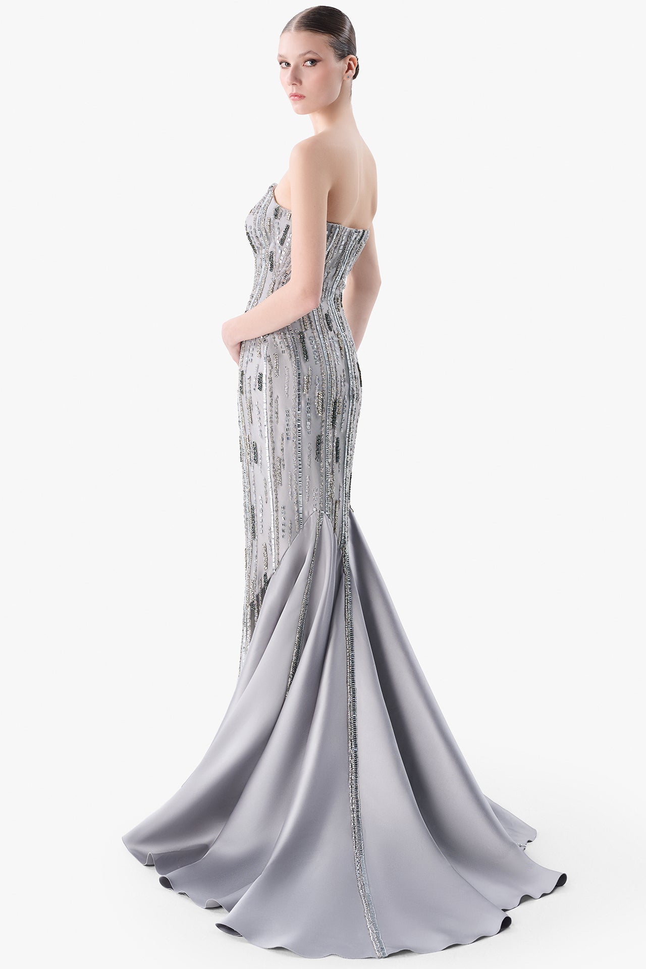 Strapless Embroidered Tulle Gown with Satin Train