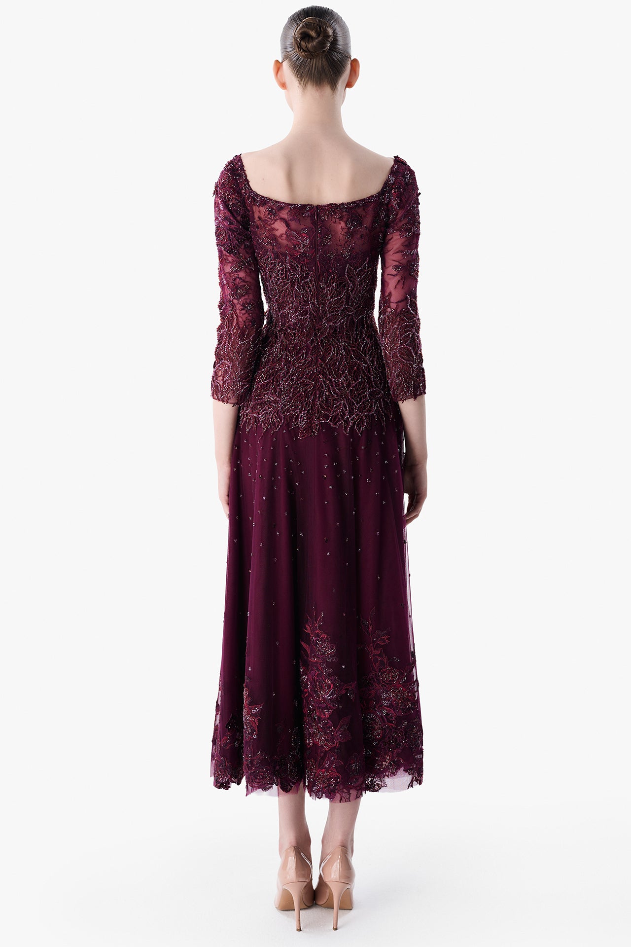 Embroidered Tulle Dress with Three-Quarter Sleeves