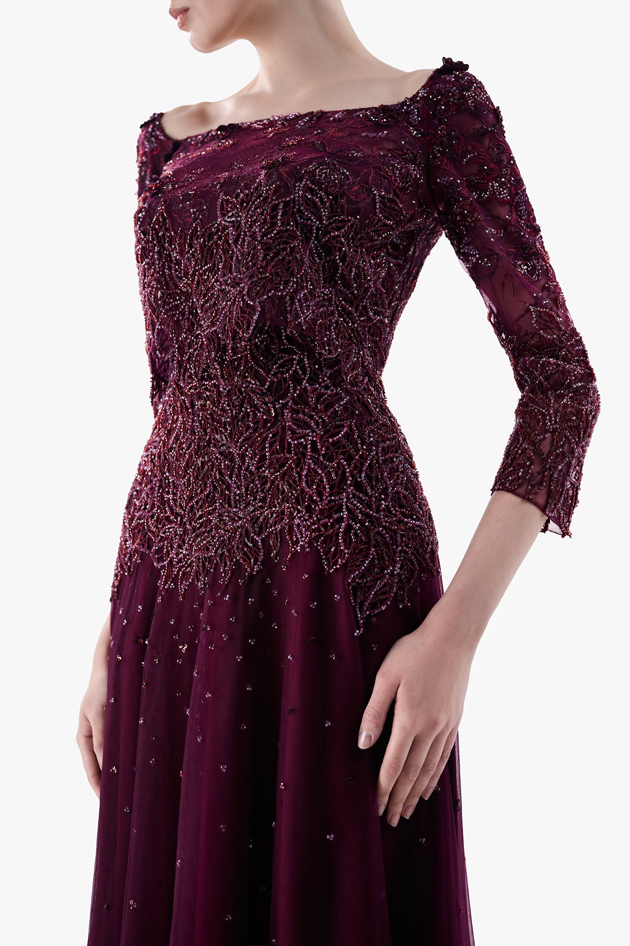 Embroidered Tulle Dress with Three-Quarter Sleeves
