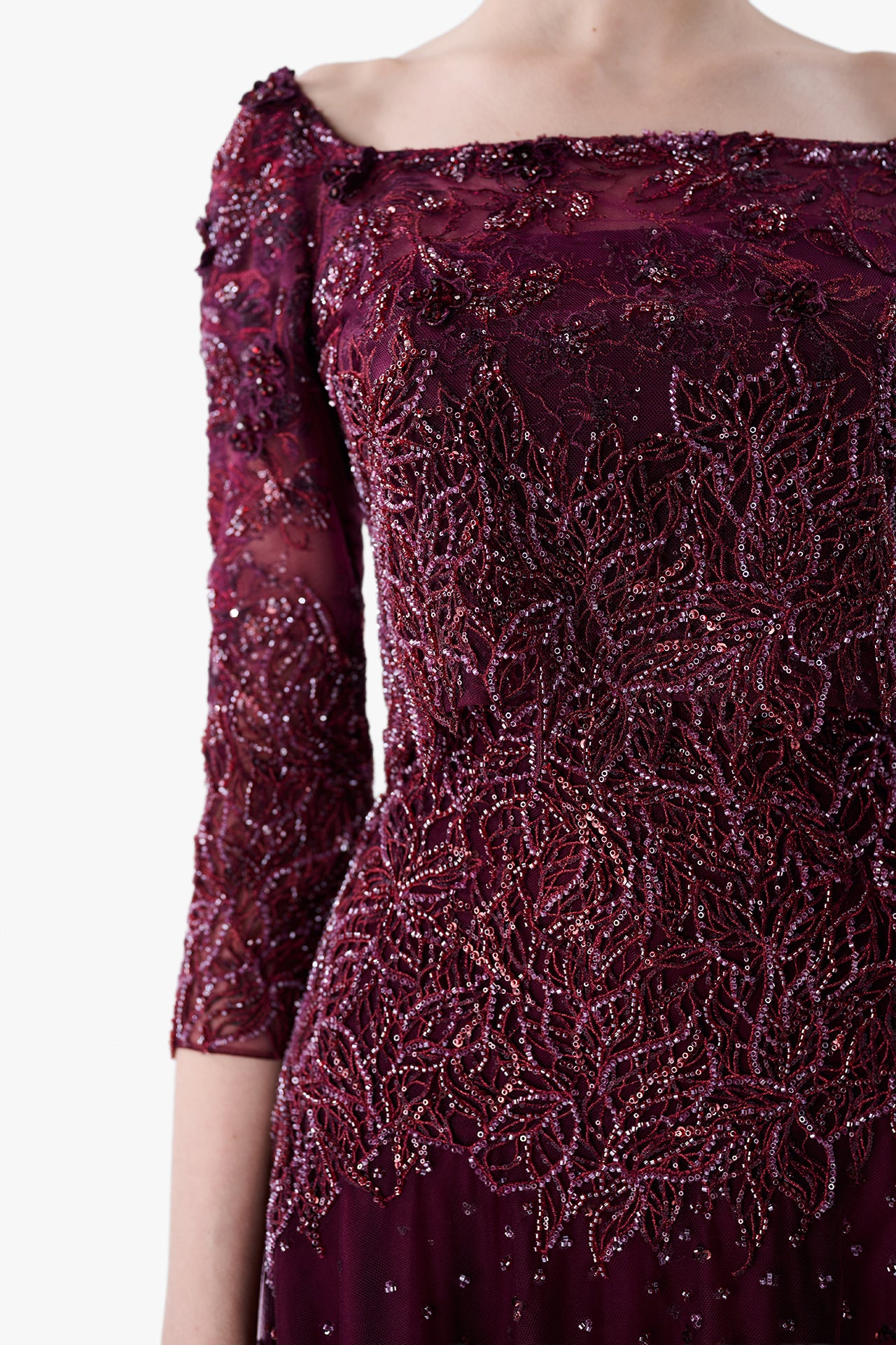 Embroidered Tulle Dress with Three-Quarter Sleeves