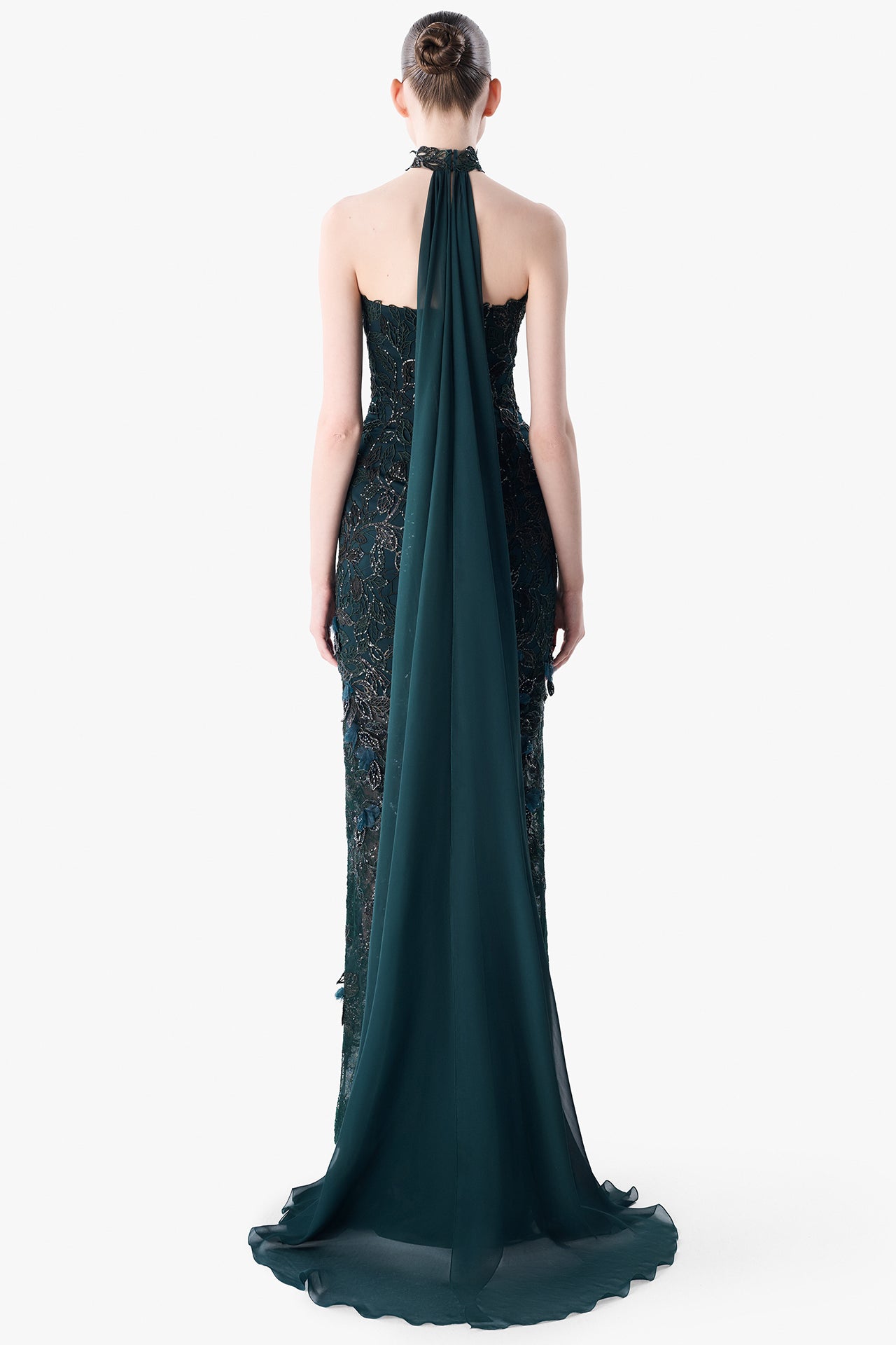Embroidered Strapless Gown with Choker Cape