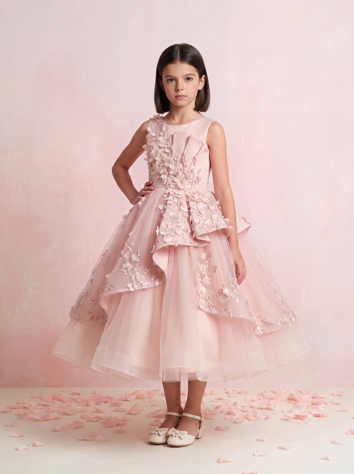 Draped Floral Tulle Gown