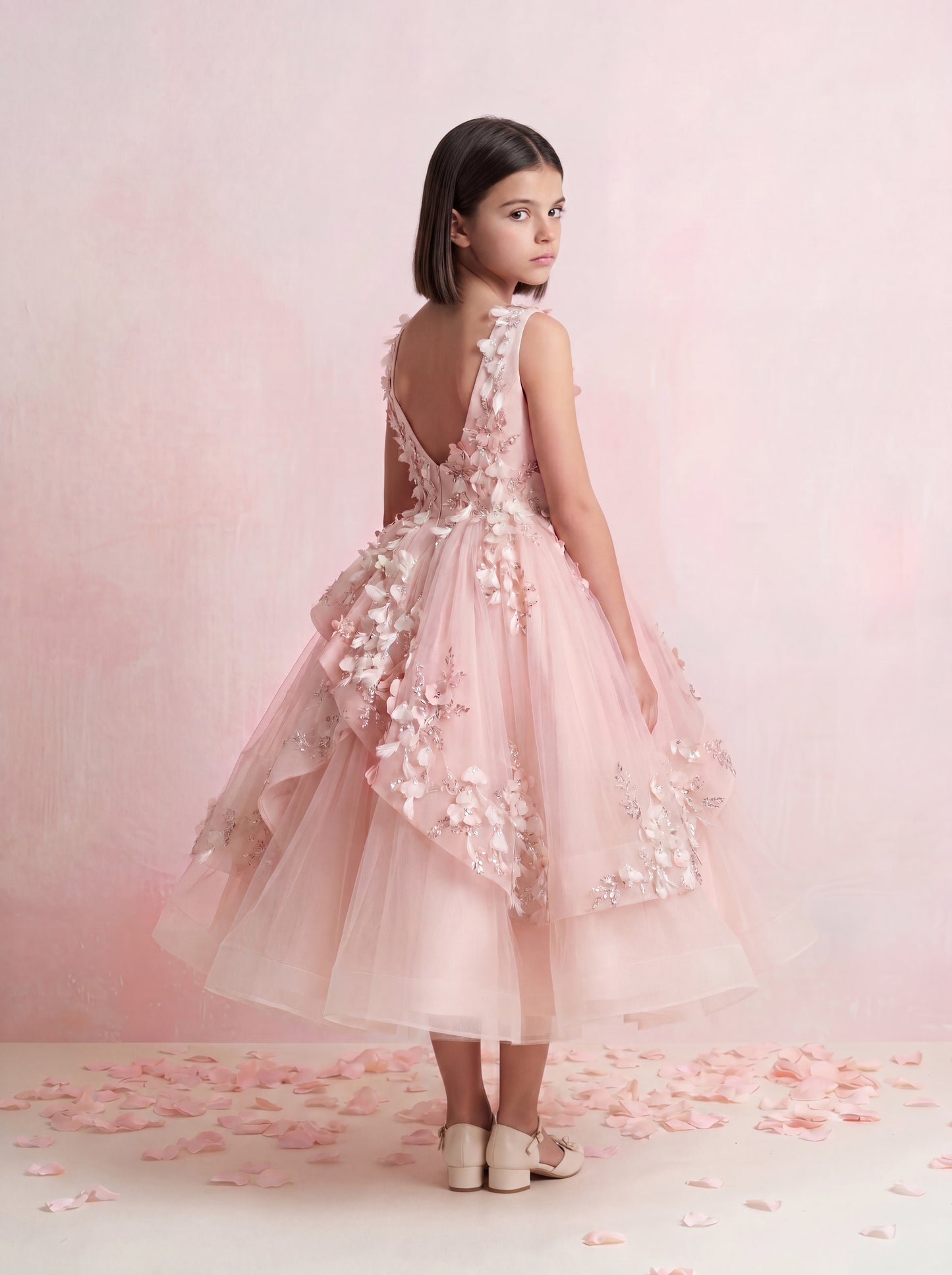 Draped Floral Tulle Gown