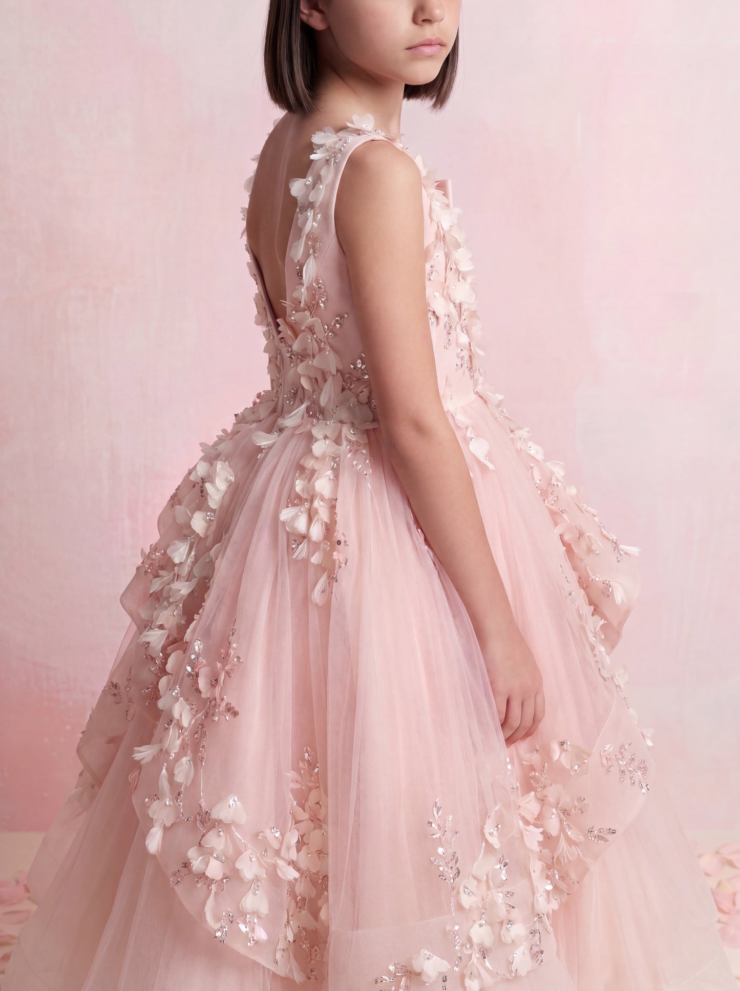 Draped Floral Tulle Gown