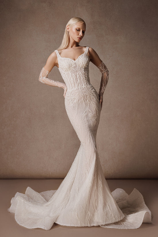 Sleeveless Mermaid Wedding Gown with Beaded Embroidery and Gloves Gattinolli by Marwan Sleeveless Mermaid Wedding Gown with Beaded Embroidery and Gloves Gattinolli by Marwan