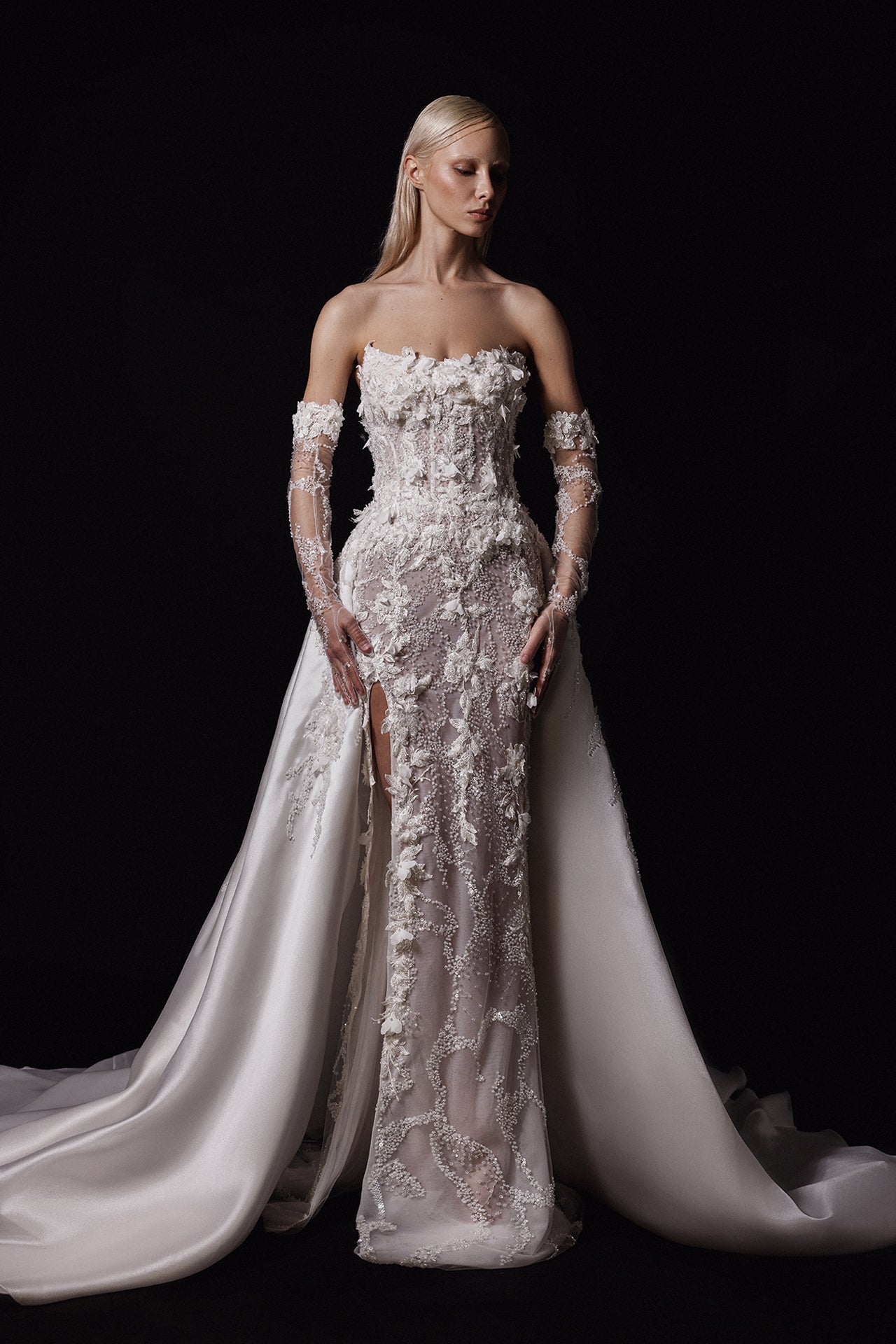 Strapless Column Wedding Gown with Embroidered Overskirt and