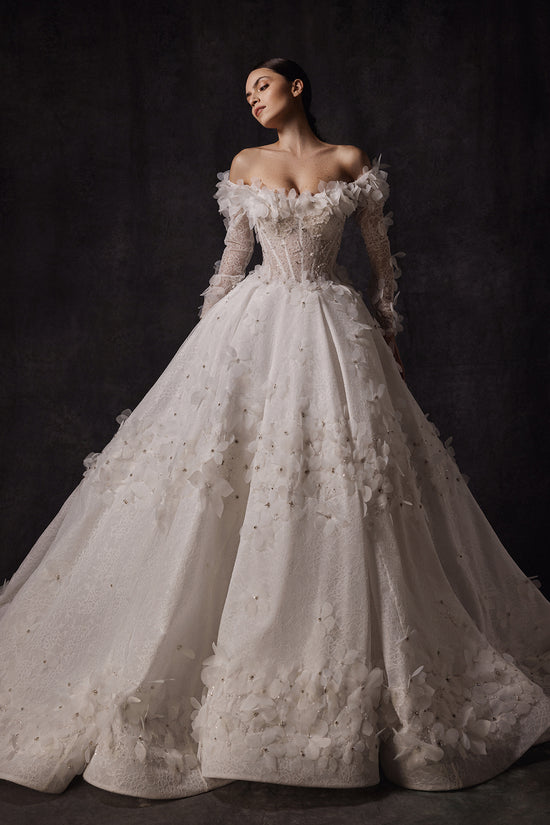 Off-the-Shoulder Princess Wedding Gown with Flowers and Crystal Embell Gattinolli by Marwan Off-the-Shoulder Princess Wedding Gown with Flowers and Crystal Embell Gattinolli by Marwan