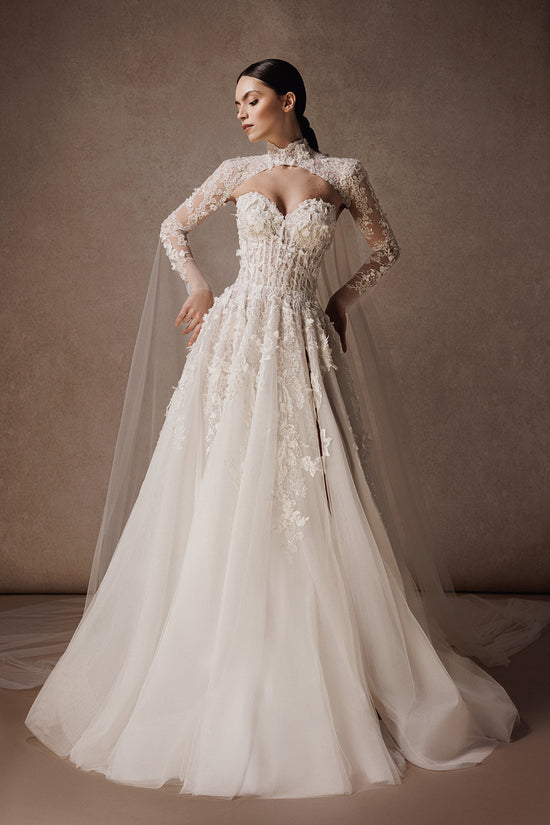 Strapless A-Line Wedding Gown with Hand-Embroidered Details and Remova Gattinolli by Marwan Strapless A-Line Wedding Gown with Hand-Embroidered Details and Remova Gattinolli by Marwan