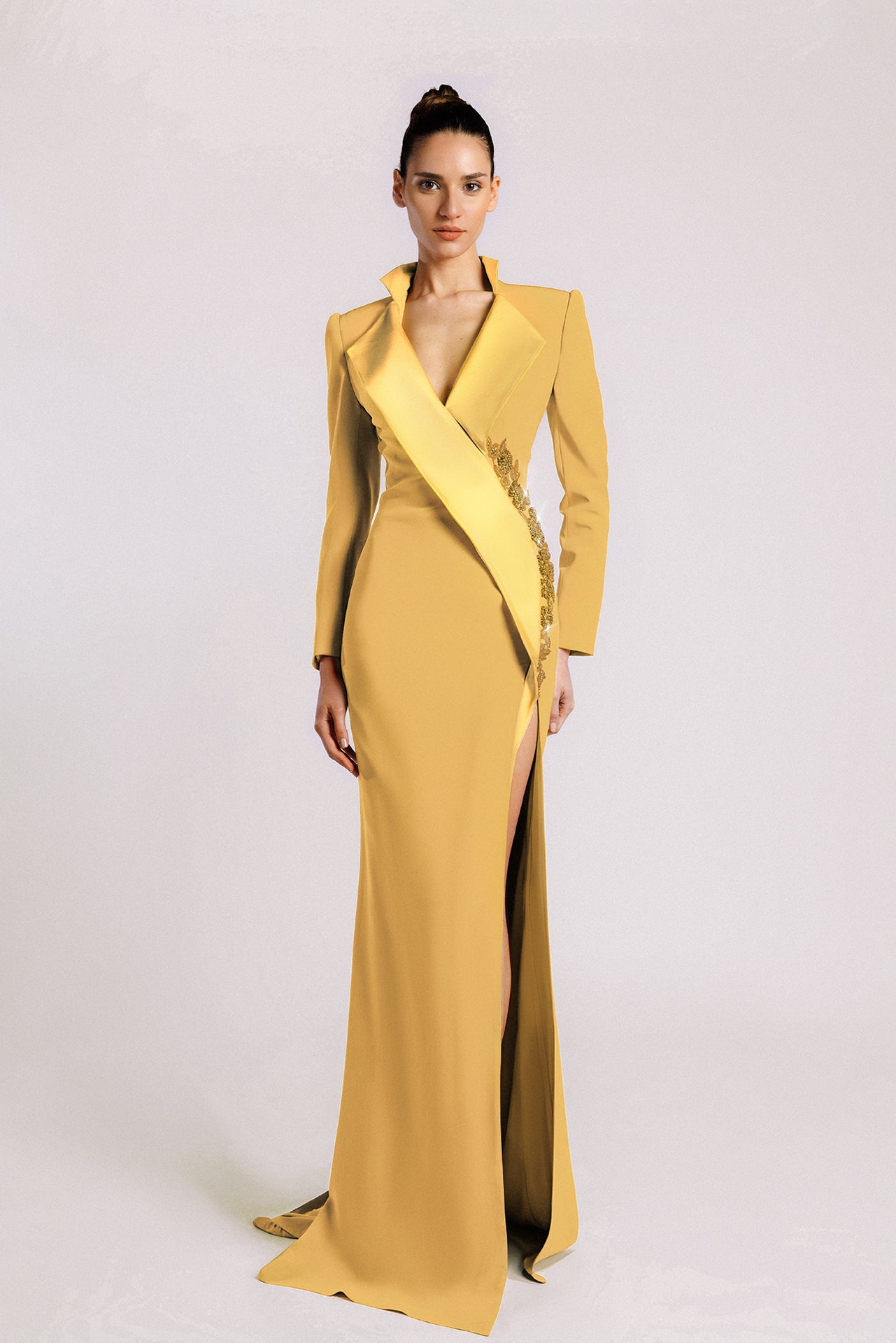 Ochre Blazer-Style Mermaid Evening Dress Gattinolli by Marwan Ochre Blazer-Style Mermaid Evening Dress Gattinolli by Marwan