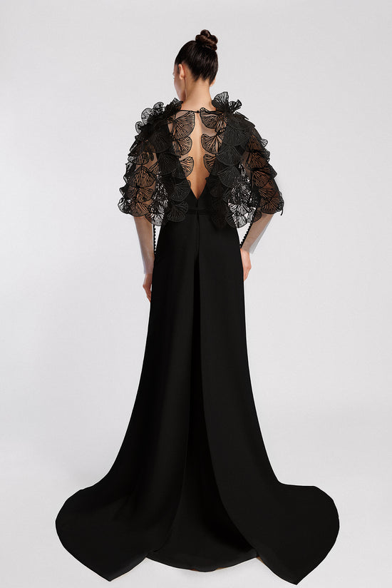 Fan Sleeve Black Evening Dress