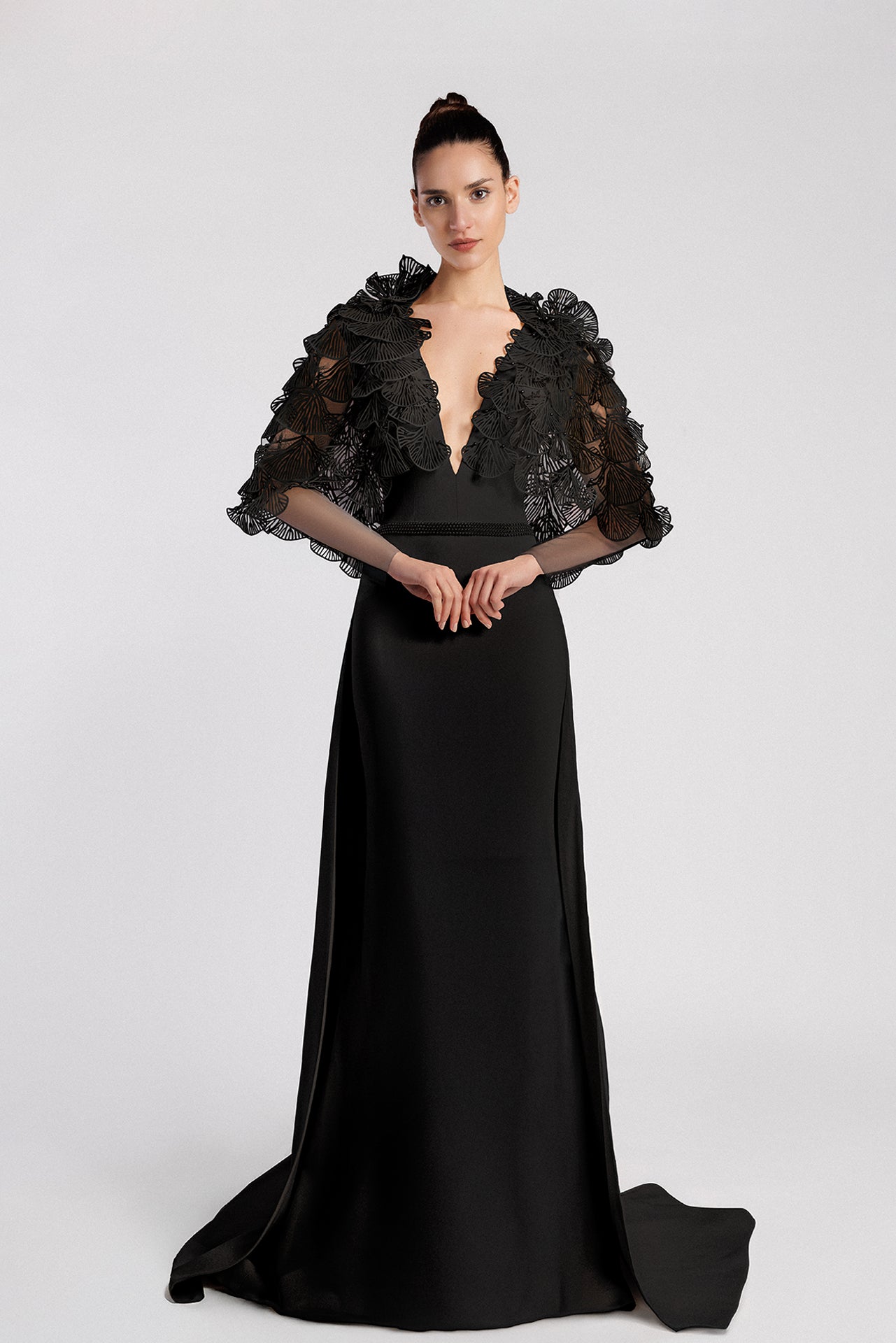 Fan Sleeve Black Evening Dress Gattinolli by Marwan Fan Sleeve Black Evening Dress Gattinolli by Marwan