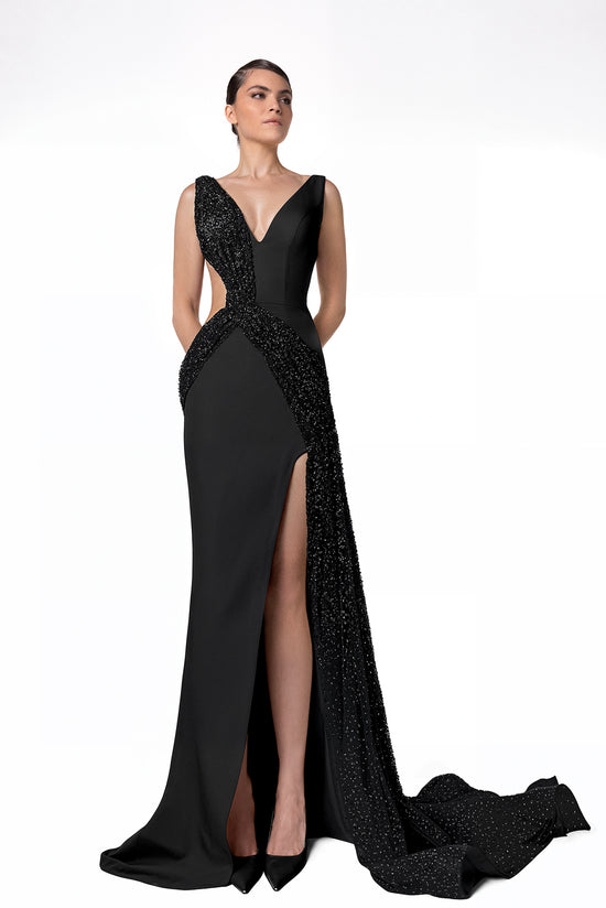 Plunging Neckline Evening Dress with High Slit