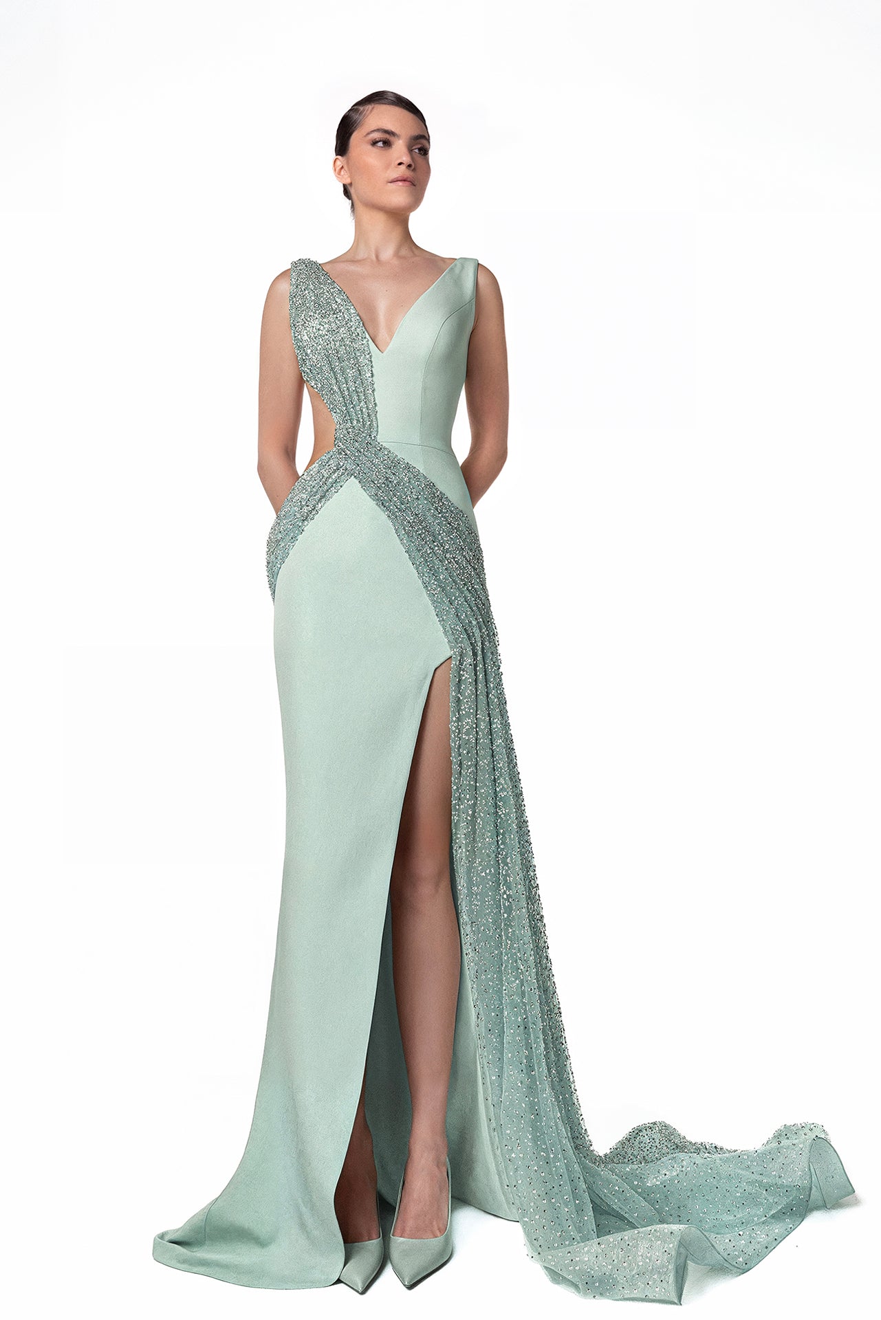 Plunging Neckline Evening Dress with High Slit