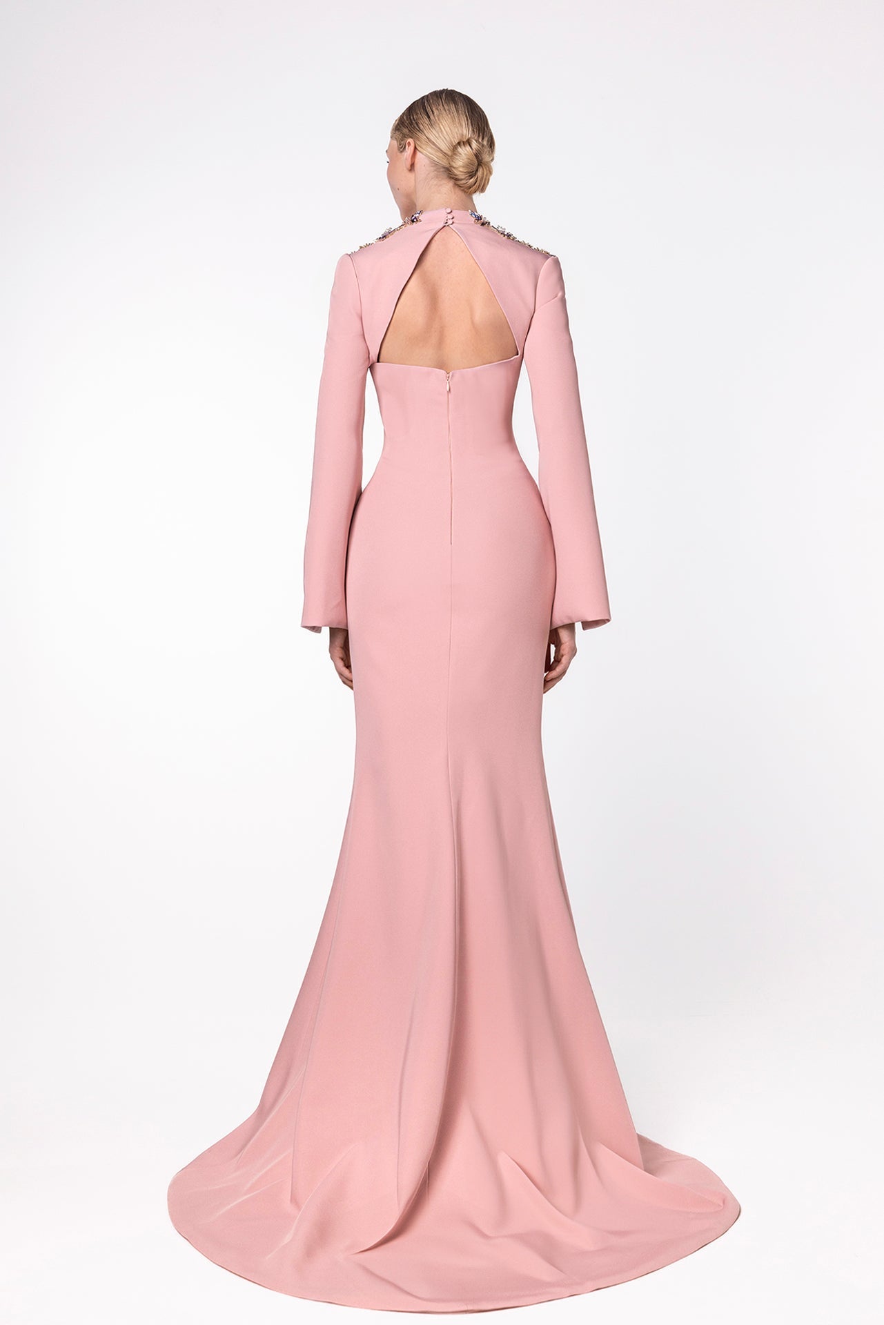 High-Collar Dress with Embellished Shoulders