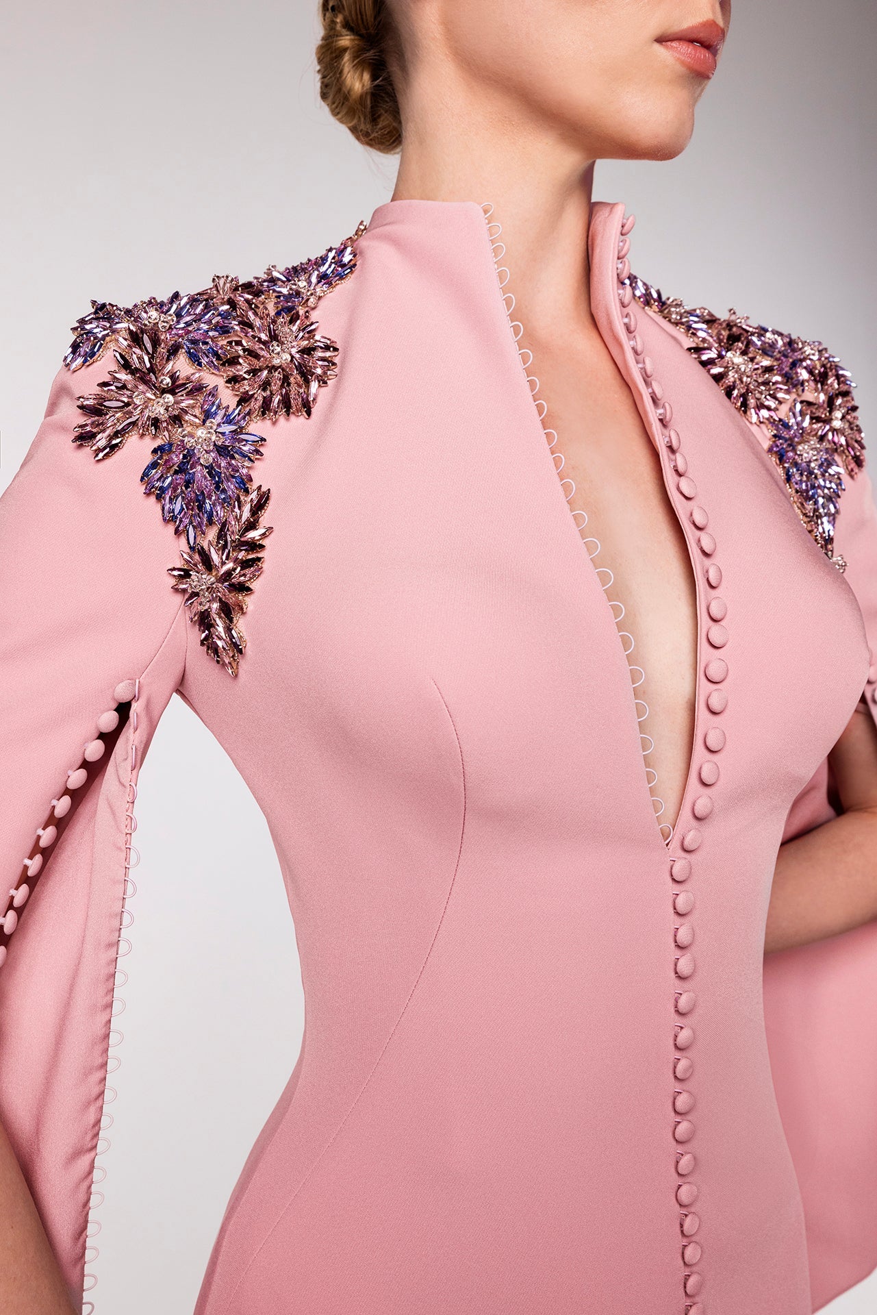 High-Collar Dress with Embellished Shoulders