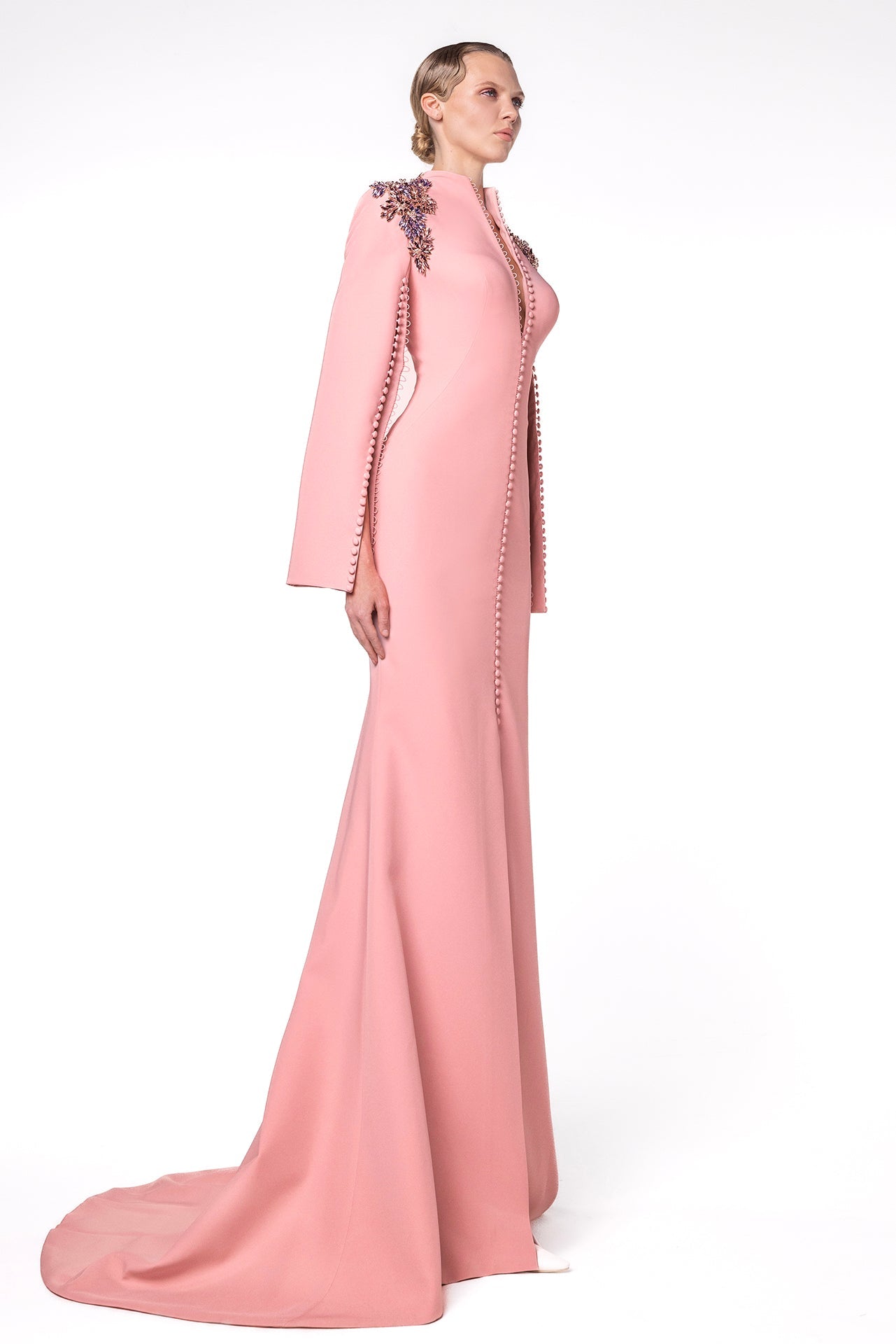 High-Collar Dress with Embellished Shoulders