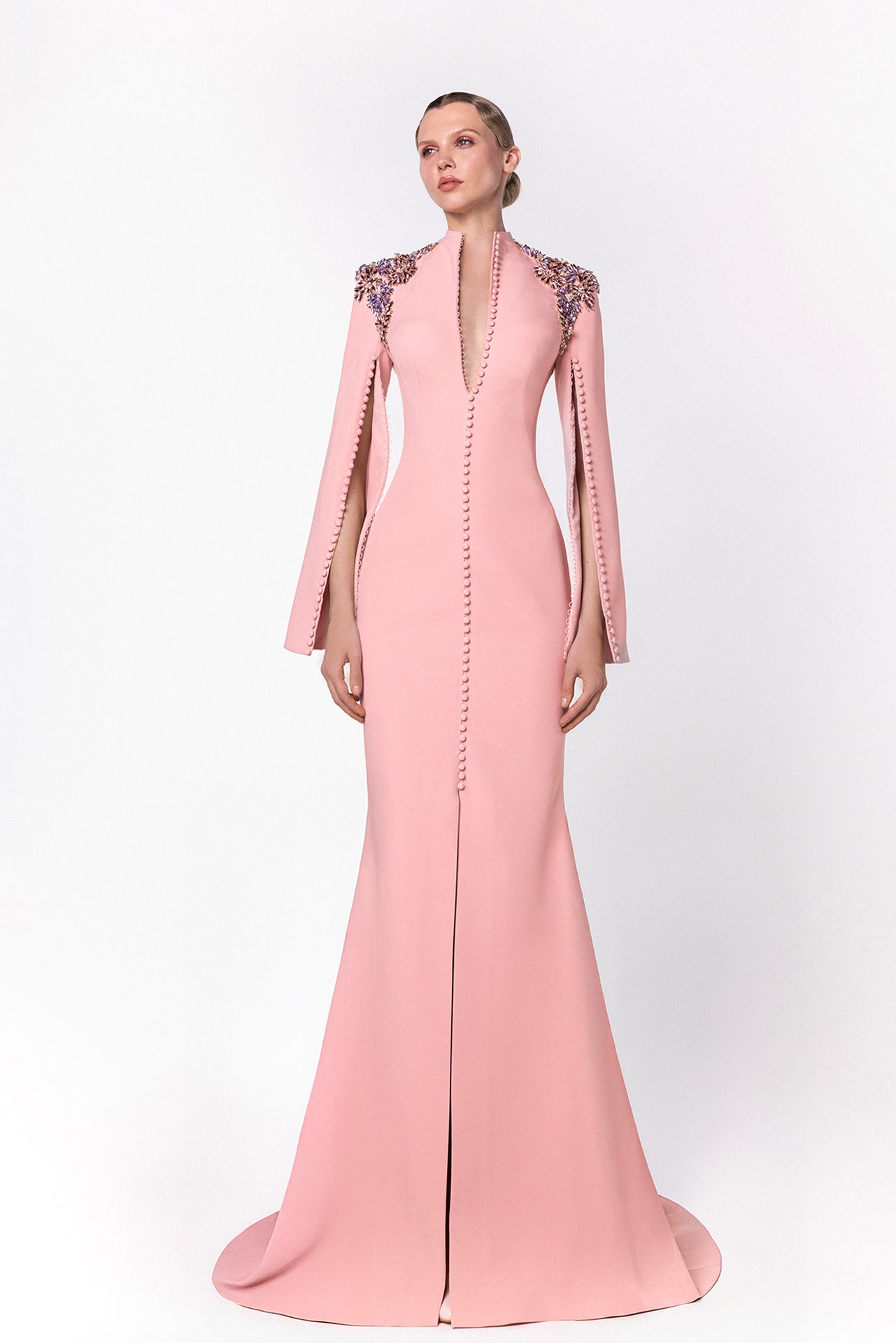 High-Collar Dress with Embellished Shoulders