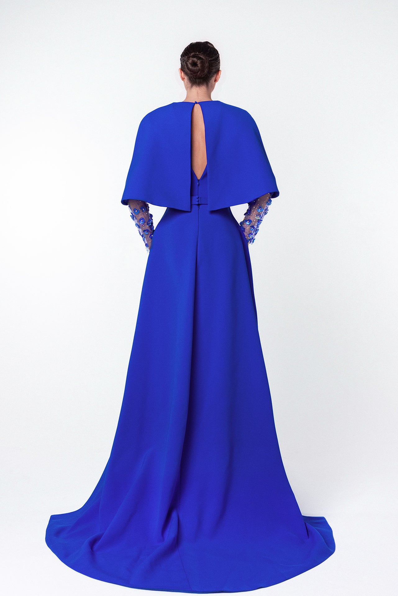 Deep V-Neck Evening Dress with Floral-Embellished Sleeves